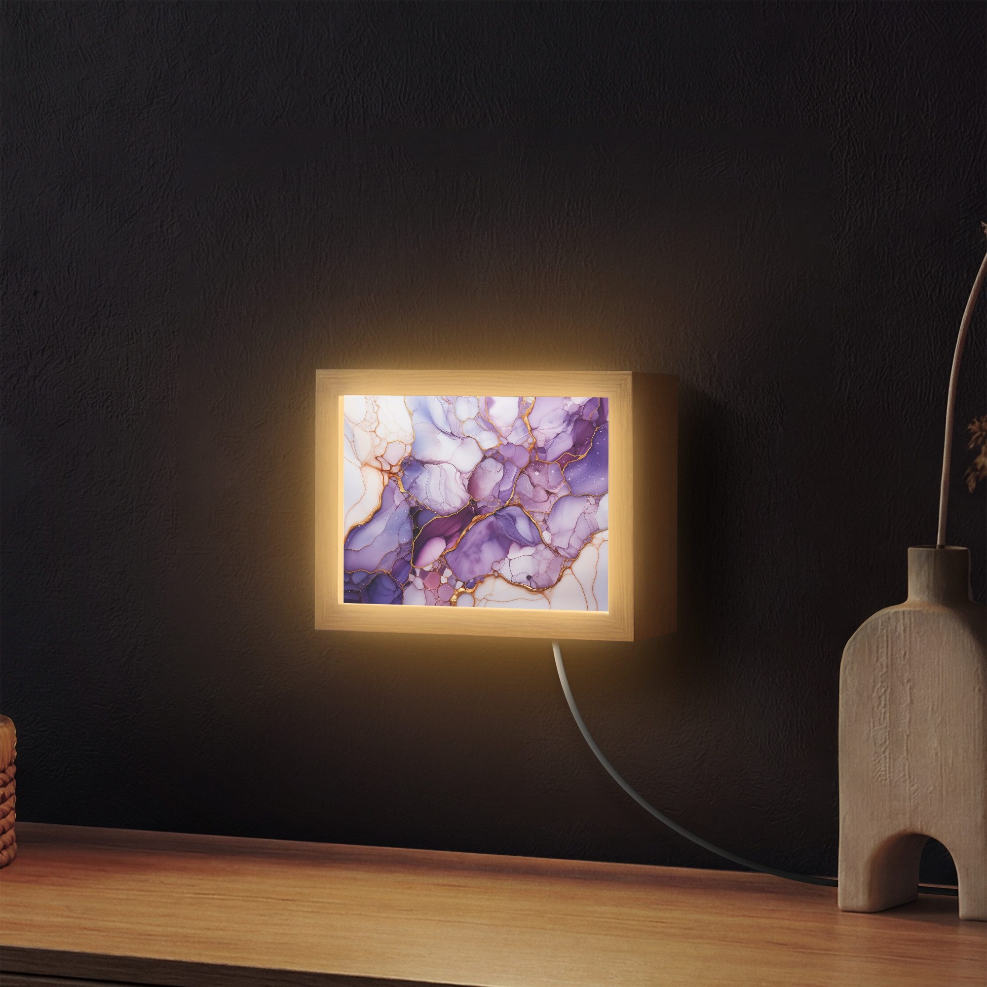 OnlyWow Wandleuchte Lightbox Marmor - Lila - Flieder - Gold, Dimmbar, Farbwechsel, LED, Warmweiß, Kaltweiß, Neutralweiß Einstellbar, Wandlampe Innen, Dimmbar, mit Kabel, LED, Modern, Flur