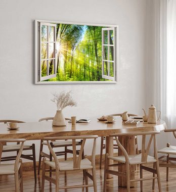 Sinus Art Leinwandbild Wandbild 120x80cm Fensterbild Grüner Wald Baumkronen Bäume Sonnenstrah, (1 St)