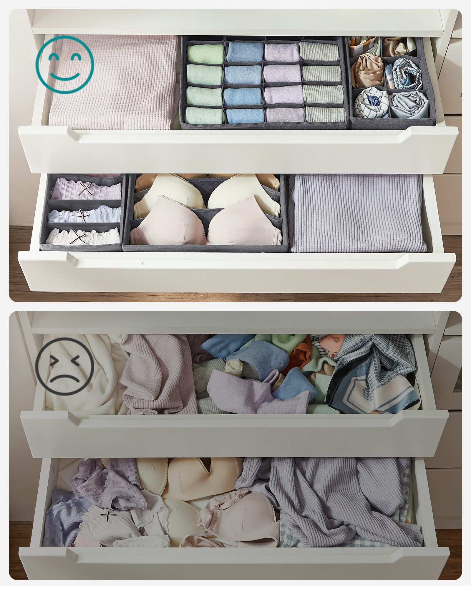 SONGMICS Aufbewahrungsbox Unterwäsche-Organizer, faltbar, Stoffboxen, für BHs Socken Krawatten (4 St), 4 Stück, Ordnungssystem Kleiderschrank, Aufbewahrungsbox Schrank