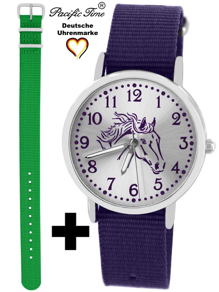Pacific Time Quarzuhr Set Kinder Armbanduhr Pferd violett Wechselarmband, Mix und Match Design - Gratis Versand grün und violett