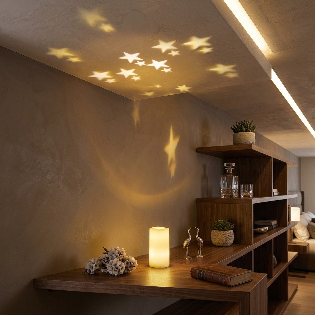 Home-trends24.de LED-Kerze Sternenhimmel Creme Projektor Kerzen Echtwachs Fernbedienung