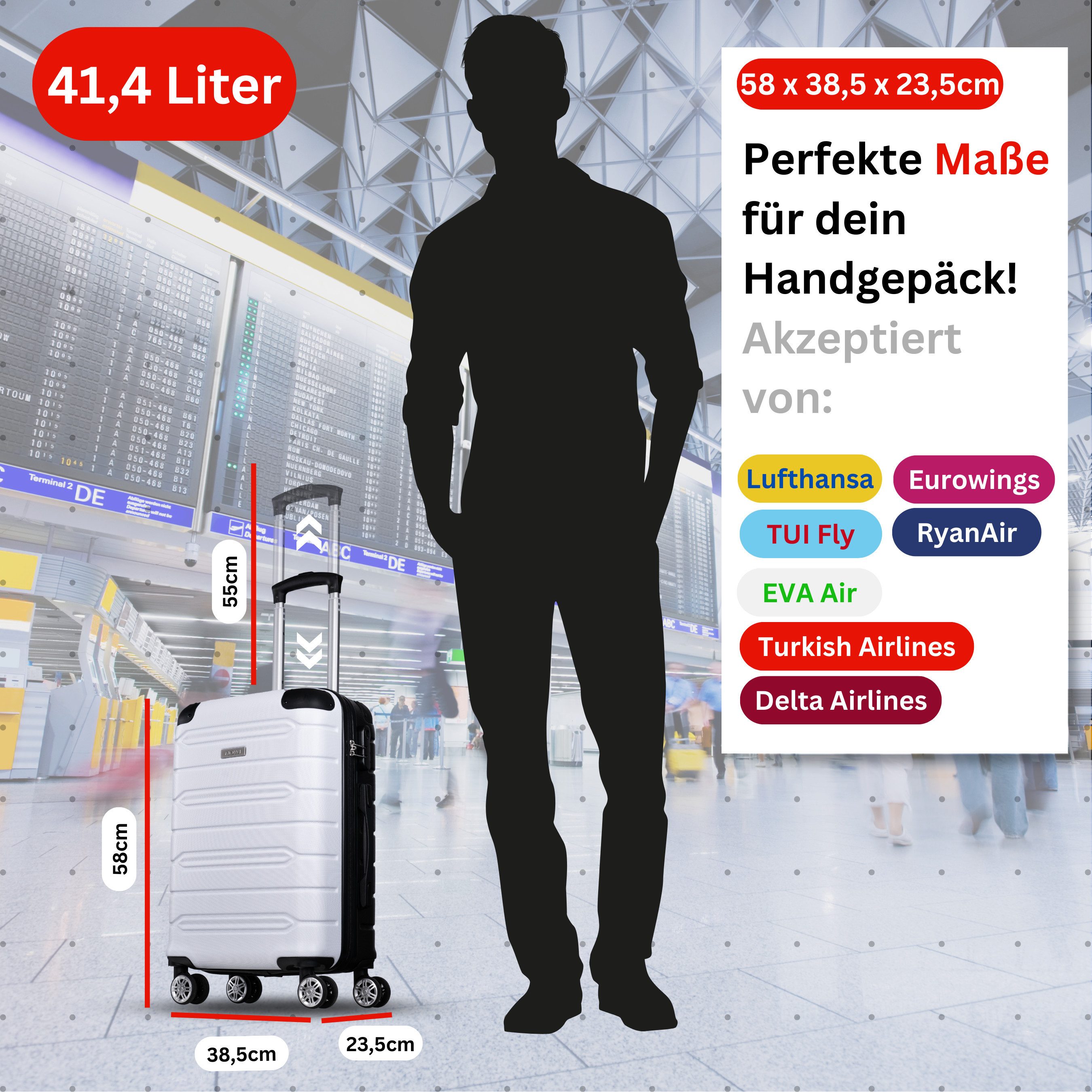 NOWI Hartschalen-Trolley Koffer Hartschalenkoffer mit Zahlenschloss & 8 Rollen Trolley, Zahlenschloss