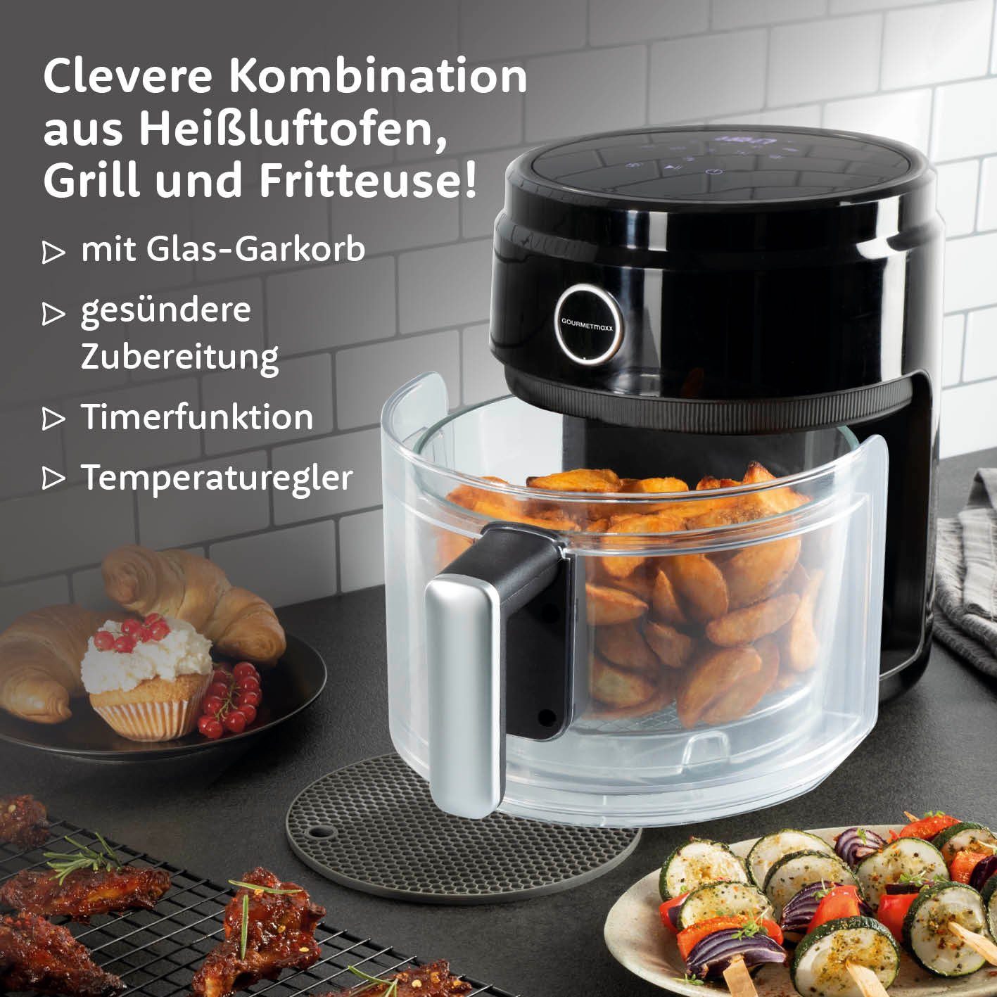 GOURMETmaxx Heißluftfritteuse Digital mit Glas-Garkorb 3,3L, 1400,00 W