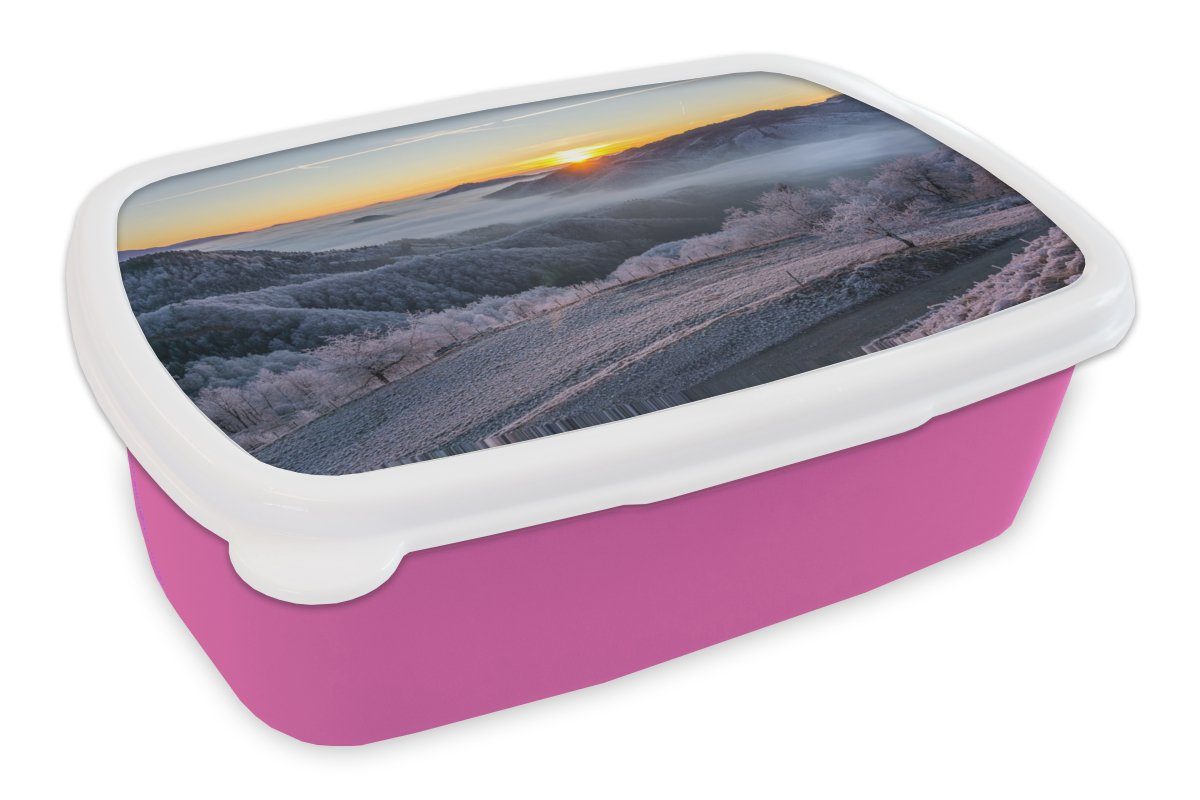 MuchoWow Lunchbox Winter - Berge - Sonne - Abend, Kunststoff, (2-tlg), Brotbox für Erwachsene, Brotdose Kinder, Snackbox, Mädchen, Kunststoff rosa