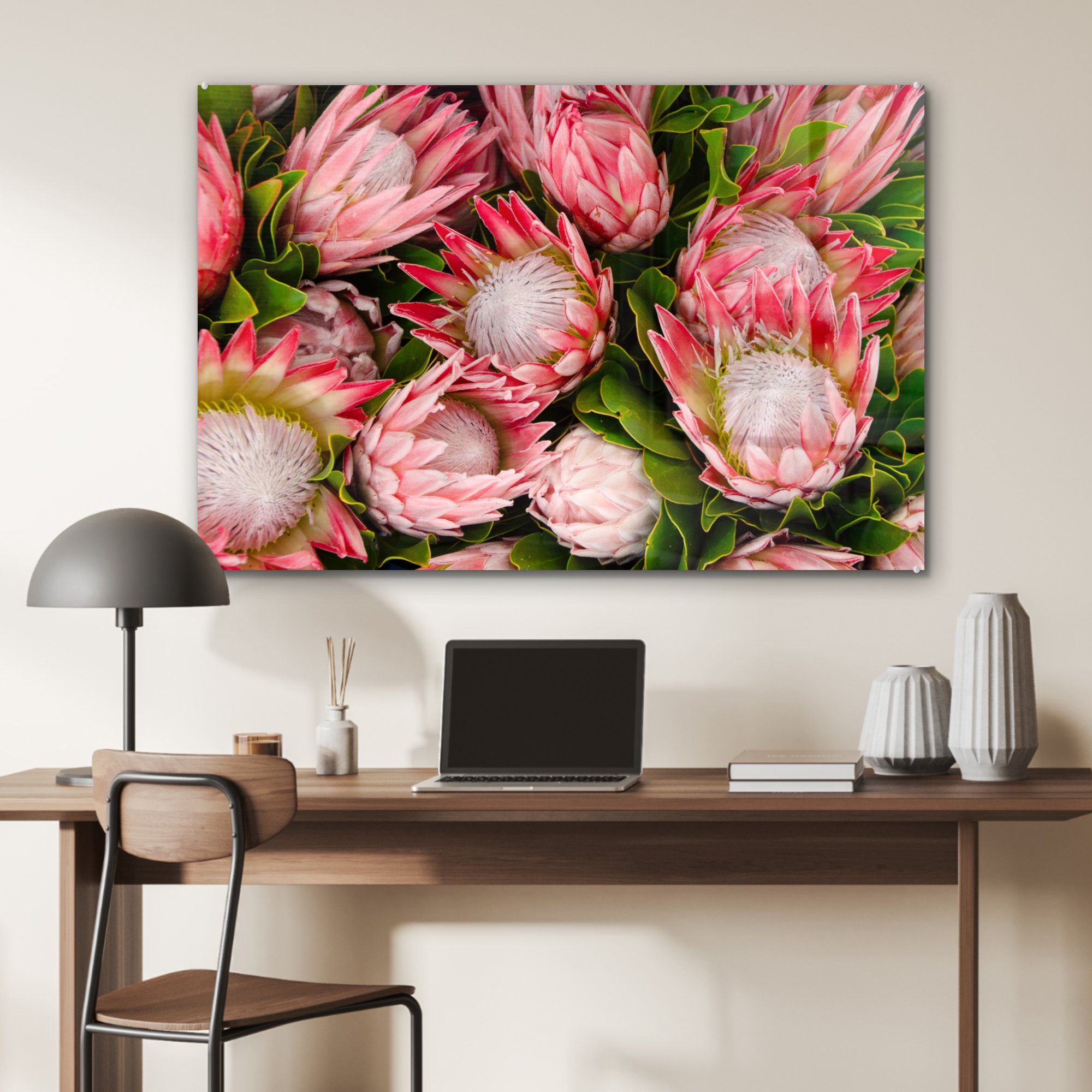 MuchoWow Acrylglasbild Blumen - Wohnzimmer Protea, (1 Acrylglasbilder & St), - Schlafzimmer Rosa