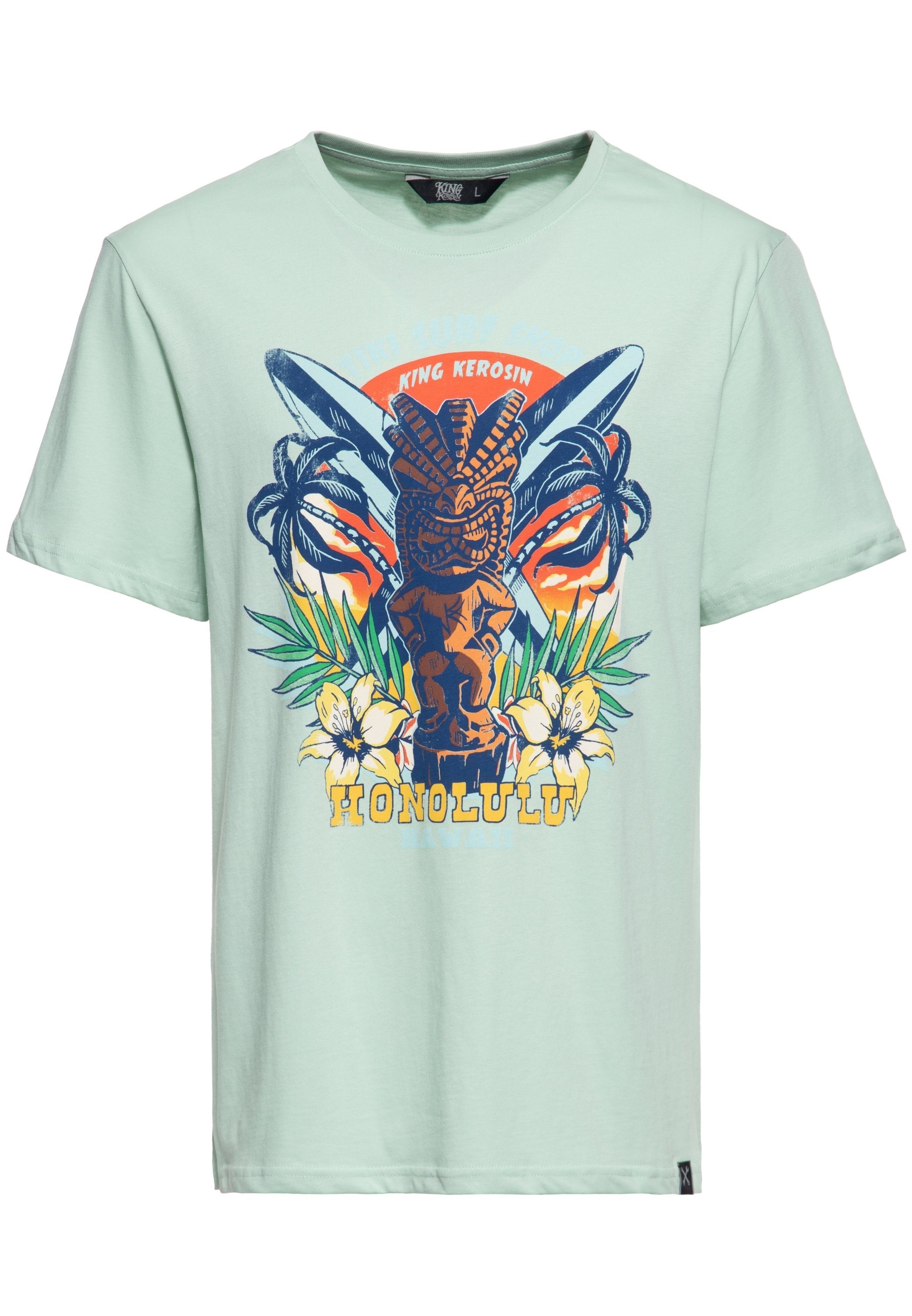 Surf (1-tlg) mint Tiki Print KingKerosin Design Front mit "Tikki-Surf" Shop Retro im Print-Shirt