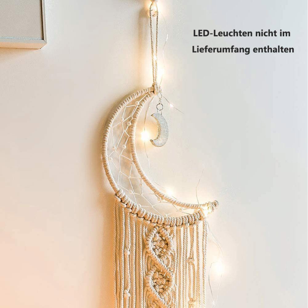 GelldG Dekohänger Makramee Wandbehang Mond Licht LED mit Dreamcatcher Traumfänger
