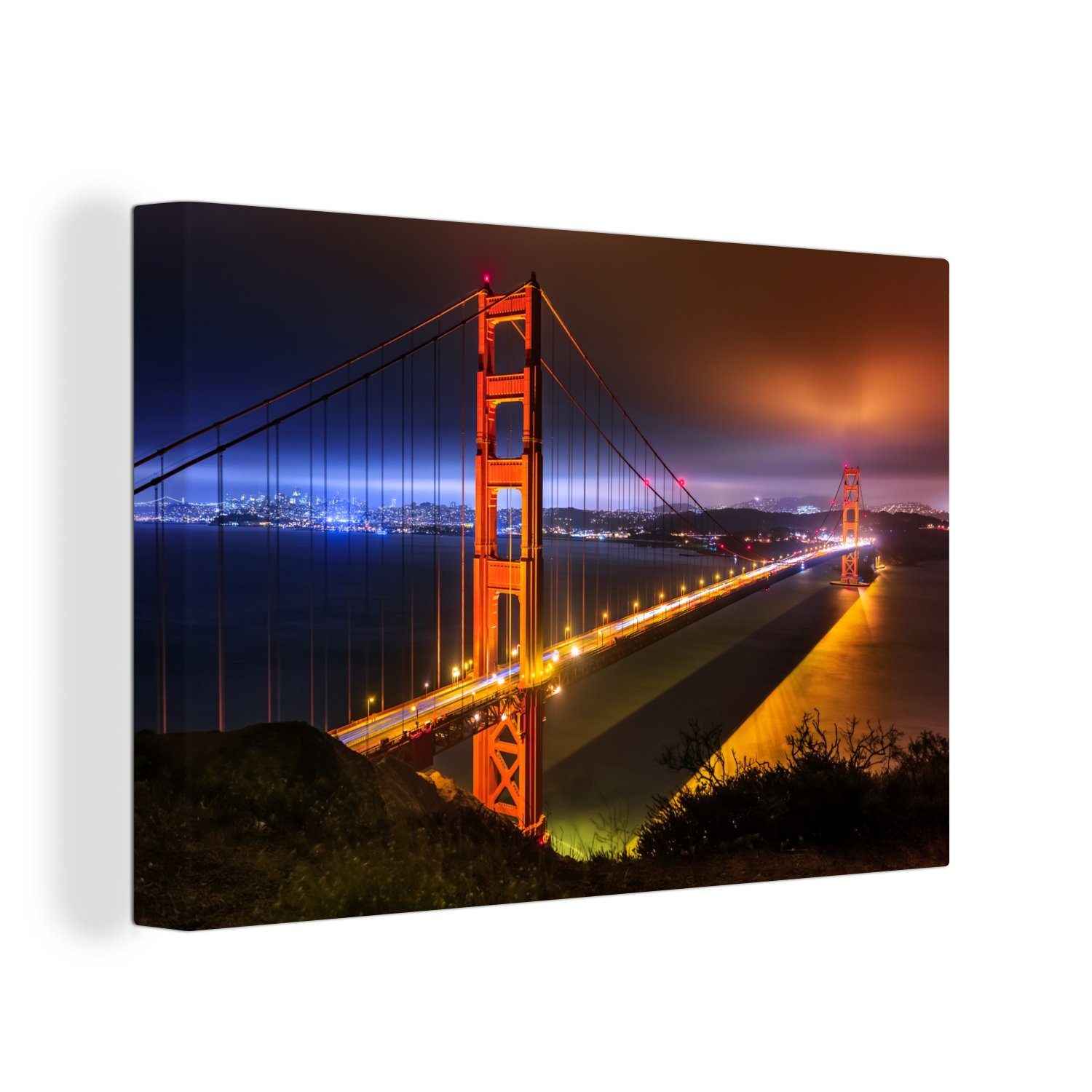 OneMillionCanvasses® Leinwandbild Die Golden Gate Bridge bei Nacht beleuchtet, (1 St), Wandbild Leinwandbilder, Aufhängefertig, Wanddeko, 30x20 cm