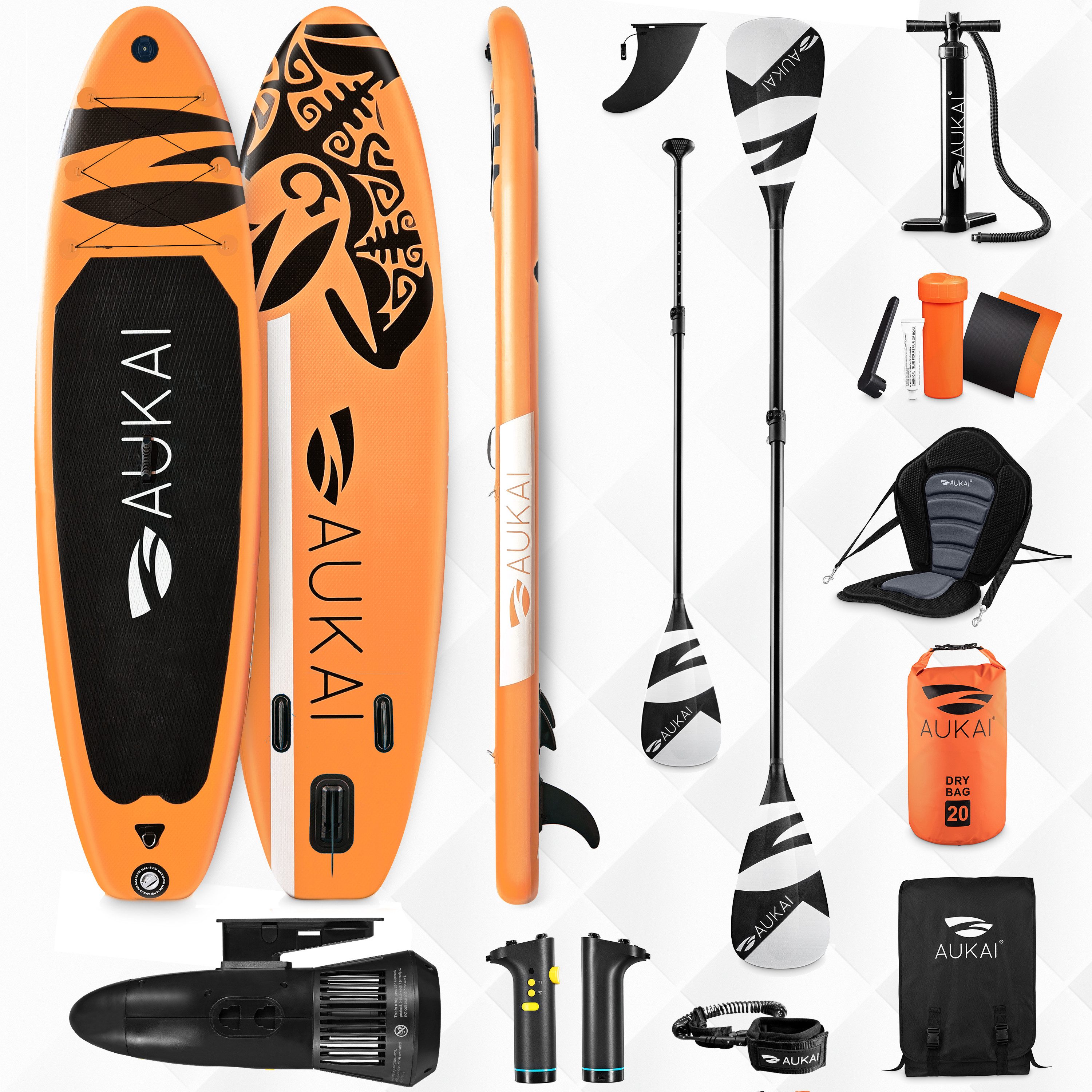 Aukai SUP-Board PRO 320cm, 2in1 Aufblasbares Stand up Paddle Set mit Kajak-Sitz, 2in1 mit Elektromotor, (Action-Cam-Halterung, Fußschlaufe, Pumpe, Rucksack, AquaBag), Komplettsett - 5 Jahre Garantie