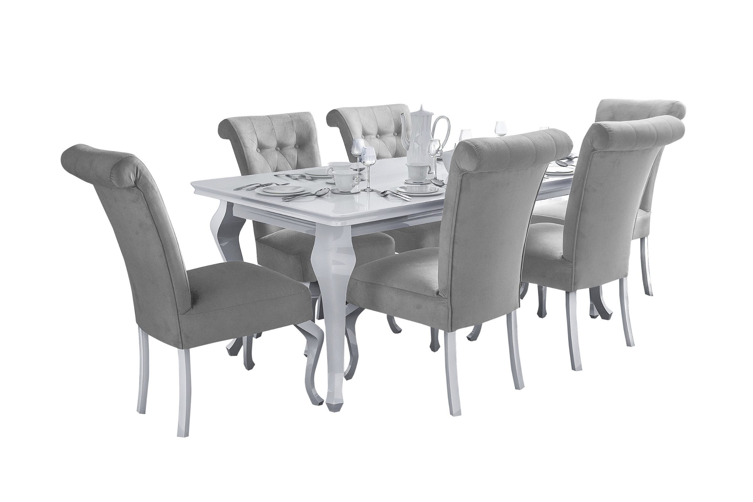 Deine Möbel 24 Essgruppe LUISE Tischgruppe Glamour Tisch mit 4 / 6 Stühlen Esszimmer, (Graphit Anthrazit Dunkelgrau Grau Beige Schwarz, 7-tlg., Wohnzimmer, Esstisch aus Massivholz), in Weiß hochglanz Stühle in Samt Velour 140x80x180 170x90x210