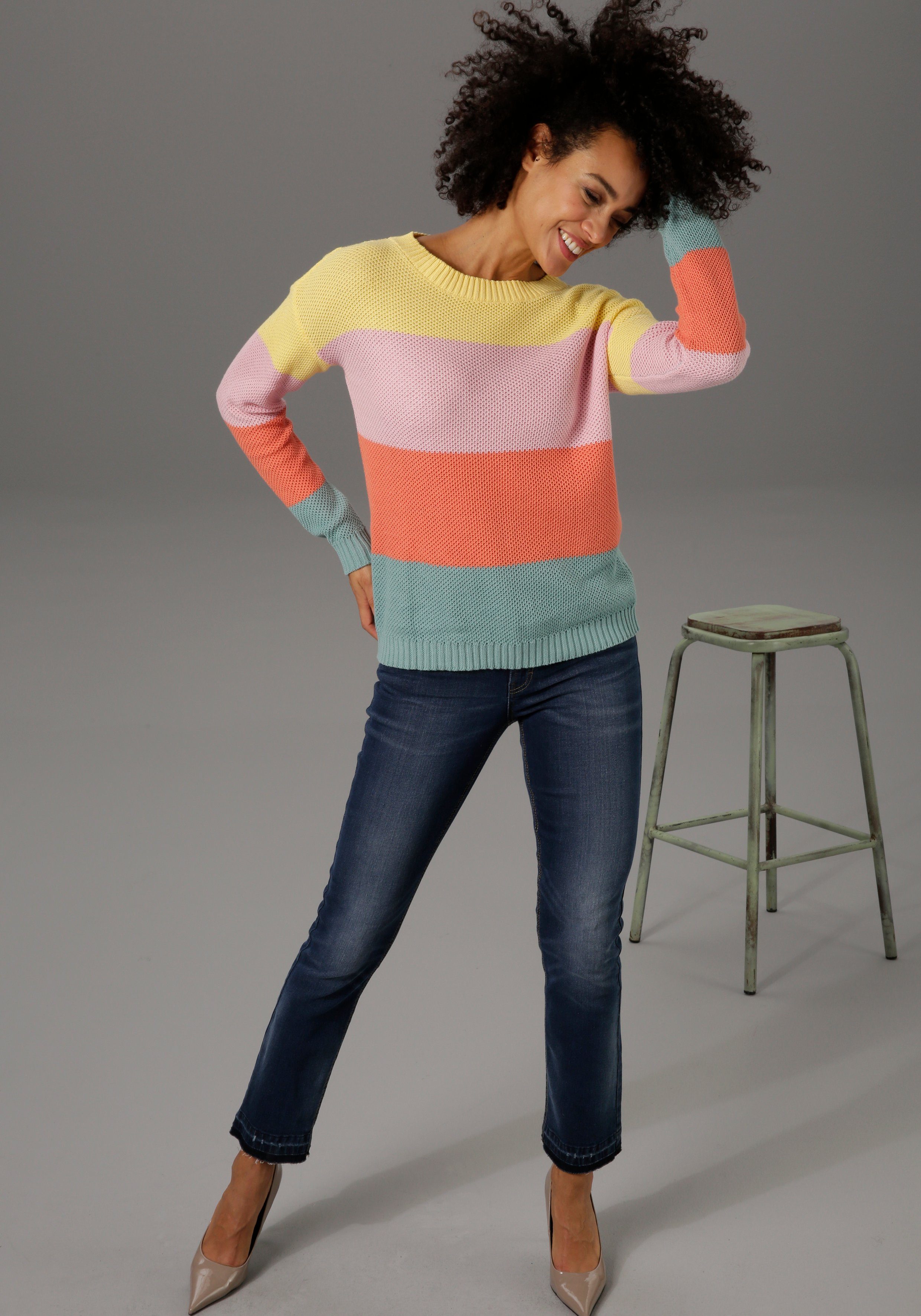 Damen Pullover Aniston CASUAL Rundhalspullover mit trendfarbenen Blockstreifen
