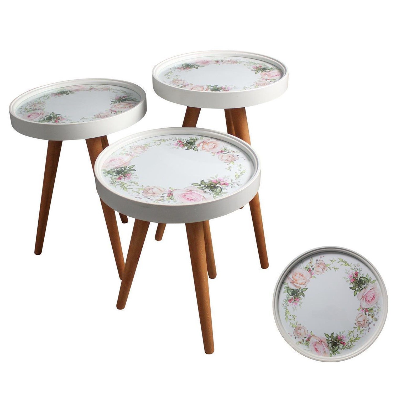HOOZ Beistelltisch Satztisch 3er Set Beine Holz rund Ø 38 cm; Höhen: 47/ 53/ 59 cm Rosen (Set, 3-St., 3× Sofatisch), Platzsparendes 3er Couchtisch Set – flexibel ineinander schiebbar