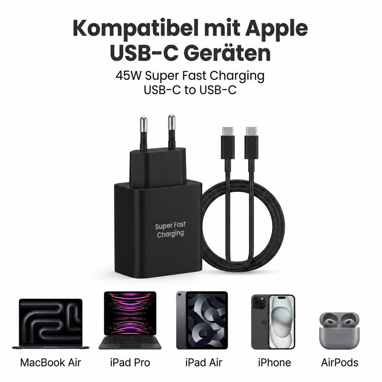 Ventarent 45W USB-C Ladeset mit Ladekabel für MacBook Air, iPad Pro & Air USB-Ladegerät (3000 mA, Set, 2-tlg., 45W USB-C Netzadapter, USB-C Ladekabel, 45W Schne – Bild 5 von 5