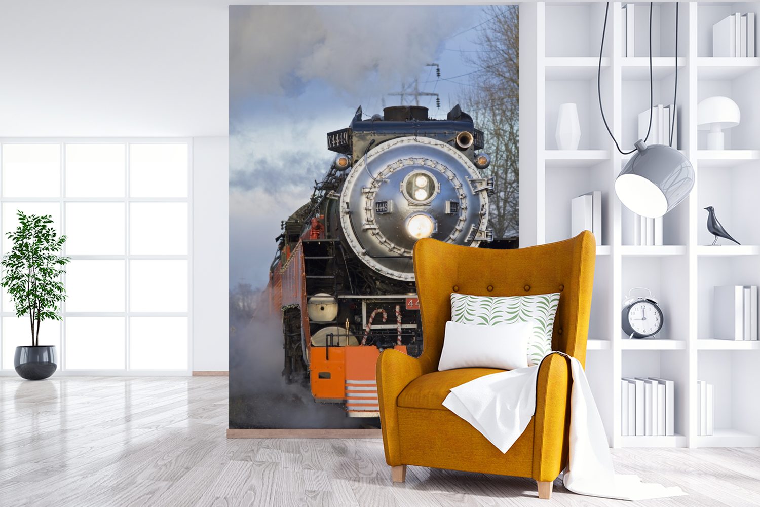 Wohnzimmer, bedruckt, Fototapete Matt, Tapete Montagefertig Wandtapete Vinyl Dampflokomotive, St), einer (3 Frontansicht MuchoWow für