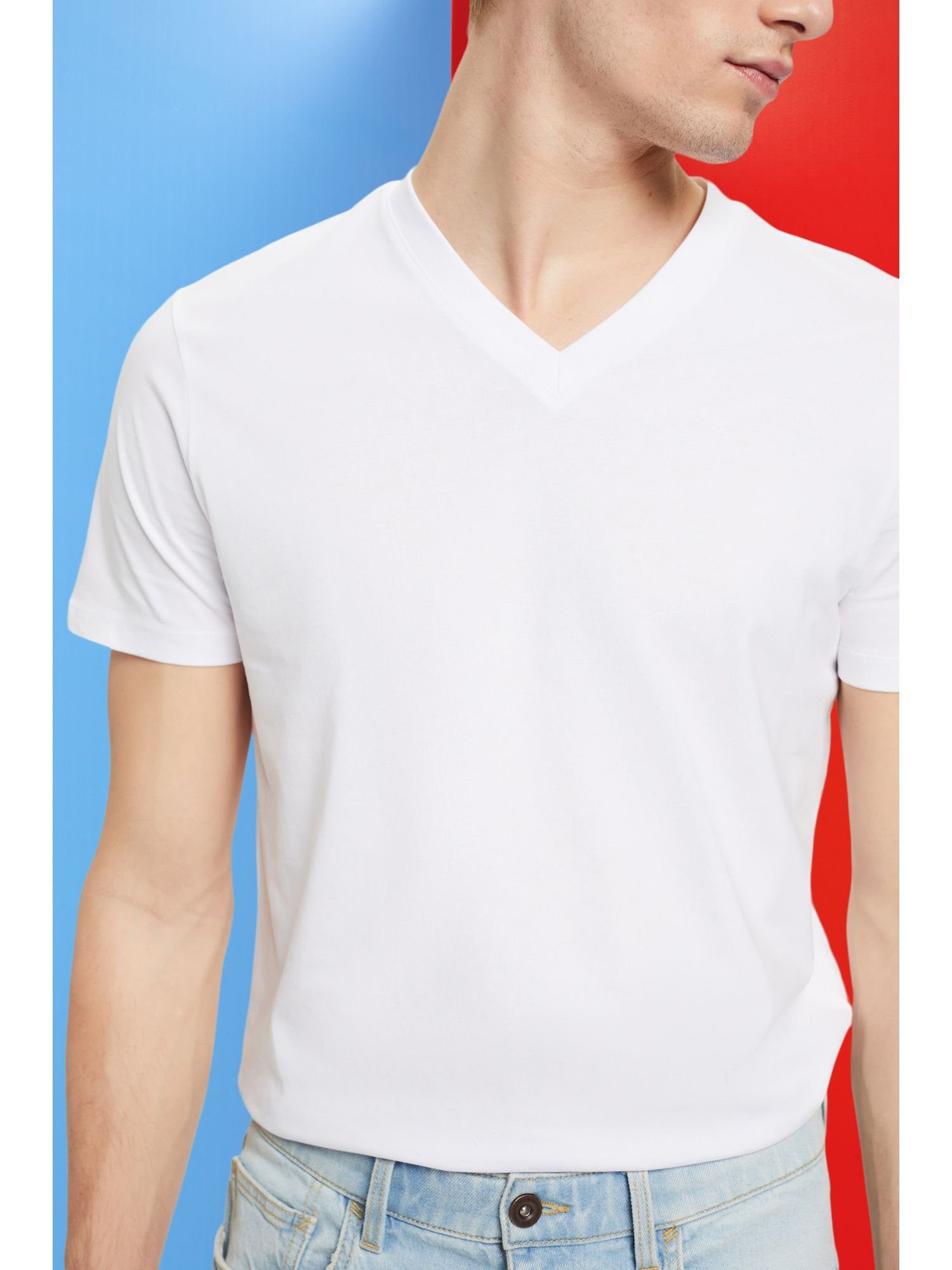 Esprit T-Shirt WHITE Fit Baumwolle T-Shirt V-Ausschnitt, (1-tlg) Slim aus mit