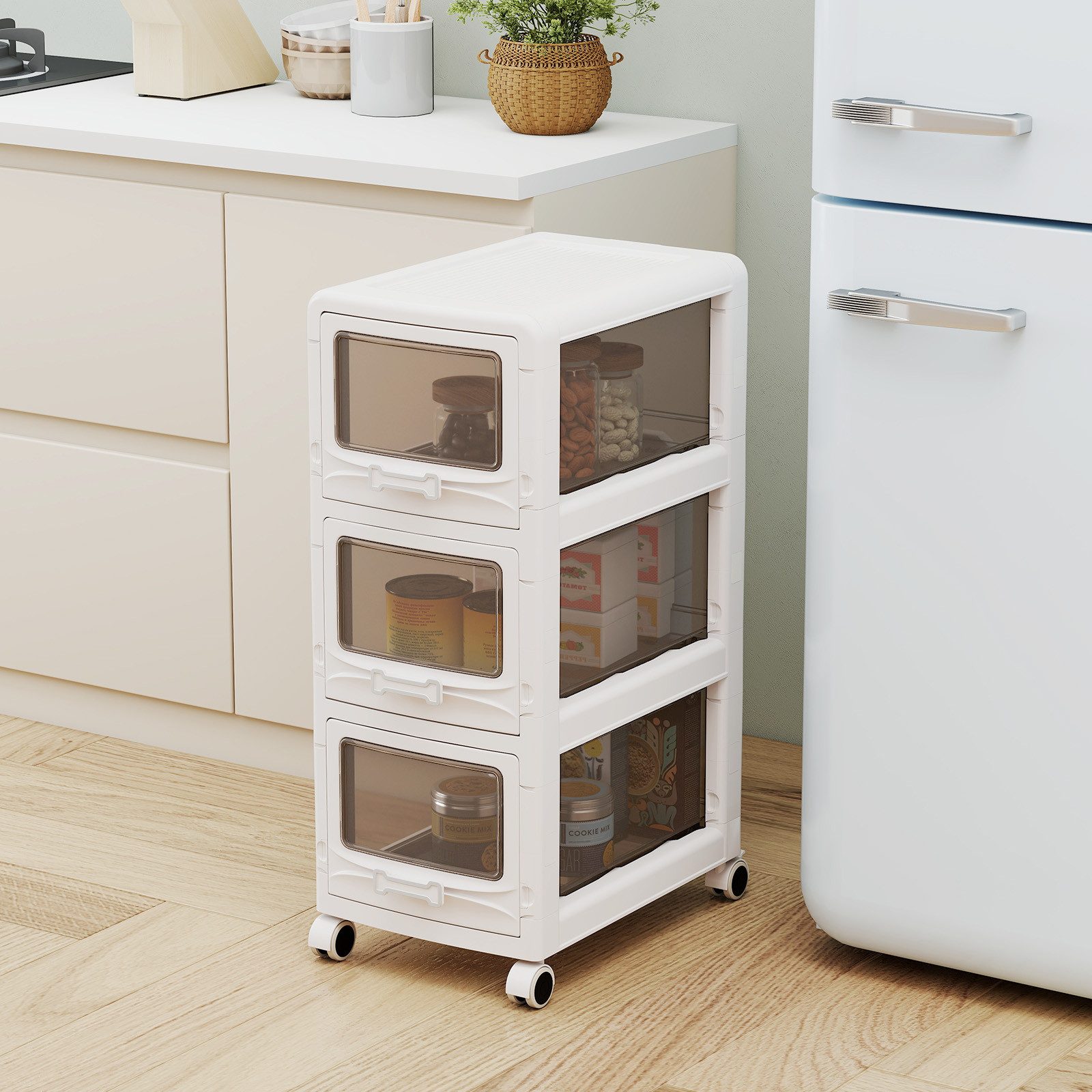 COSTWAY Rollwagen, Nischenschrank schmal mit Rollen und 3 Schubladen