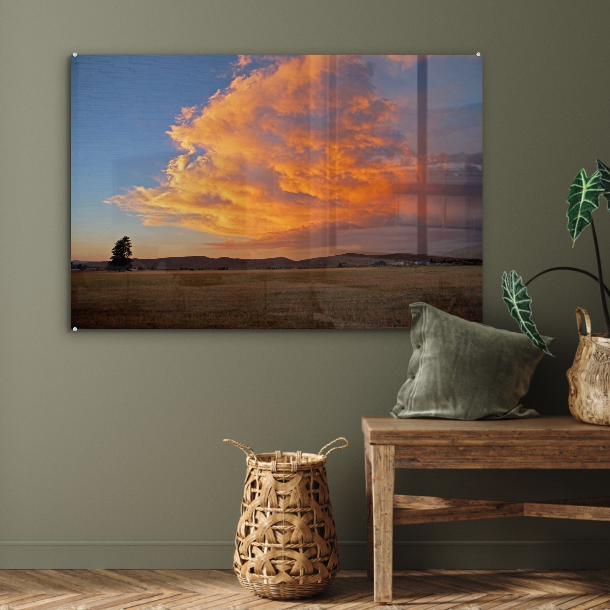 MuchoWow Acrylglasbild Sonnenuntergang über einer & St), Ebene, Wohnzimmer Schlafzimmer (1 Acrylglasbilder