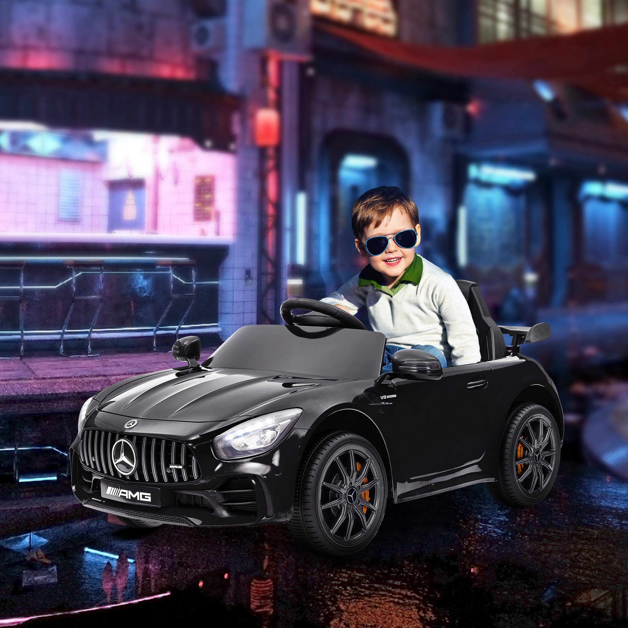 AIYAPLAY Elektro-Kinderauto Merceds-Benz AMG GTR Kinderauto mit 2,4G Fernbedienung, Hupe, Belastbarkeit 25 kg, (1-tlg), 3-5 km,h, für Kinder 3-6 Jahre, Schwarz