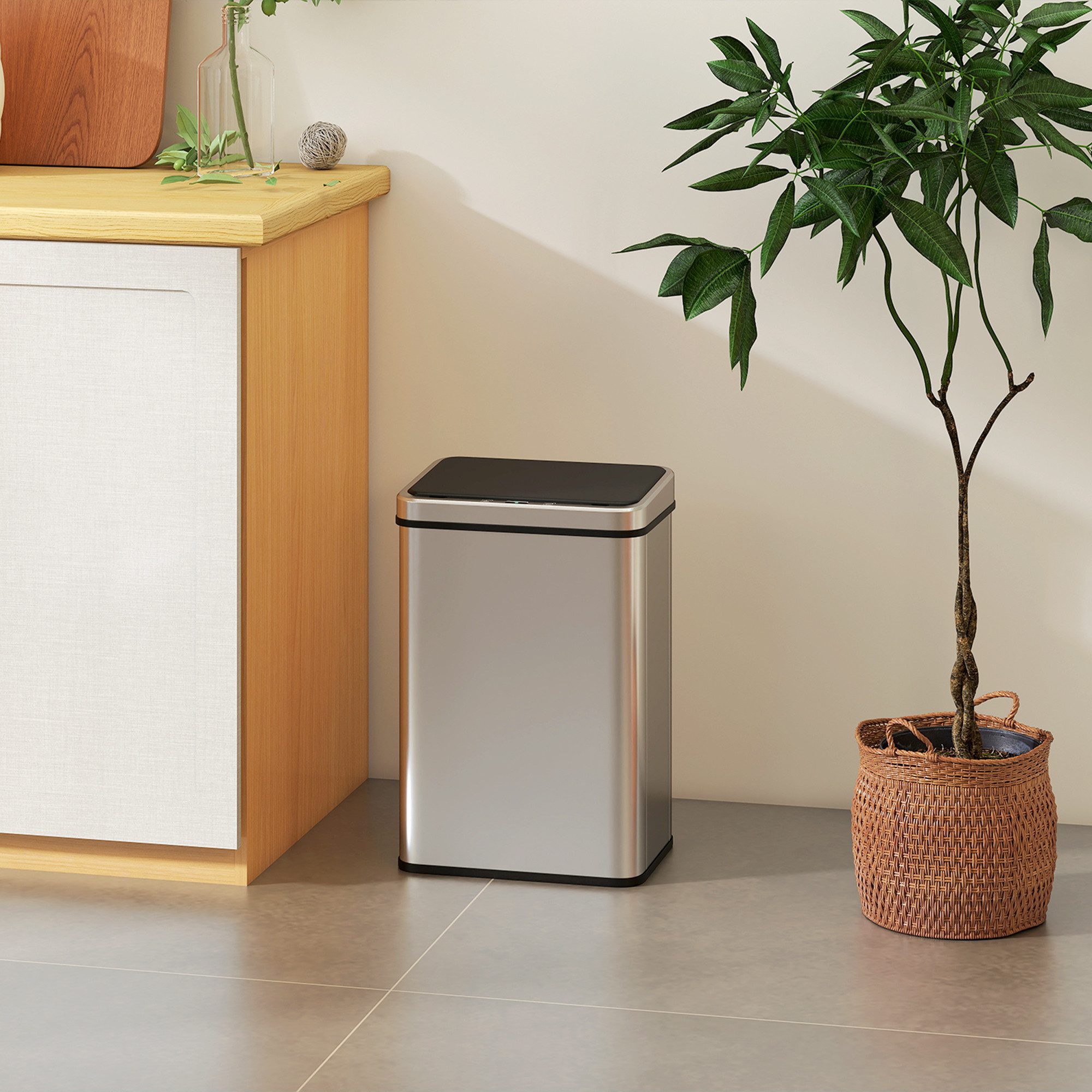 HOMCOM Mülleimer Sensor Soft-Close-Deckel Bewegungssensor fingerabdrucksicherer, aus Edelstahl für Büro Schlafzimmer Küchen Silber