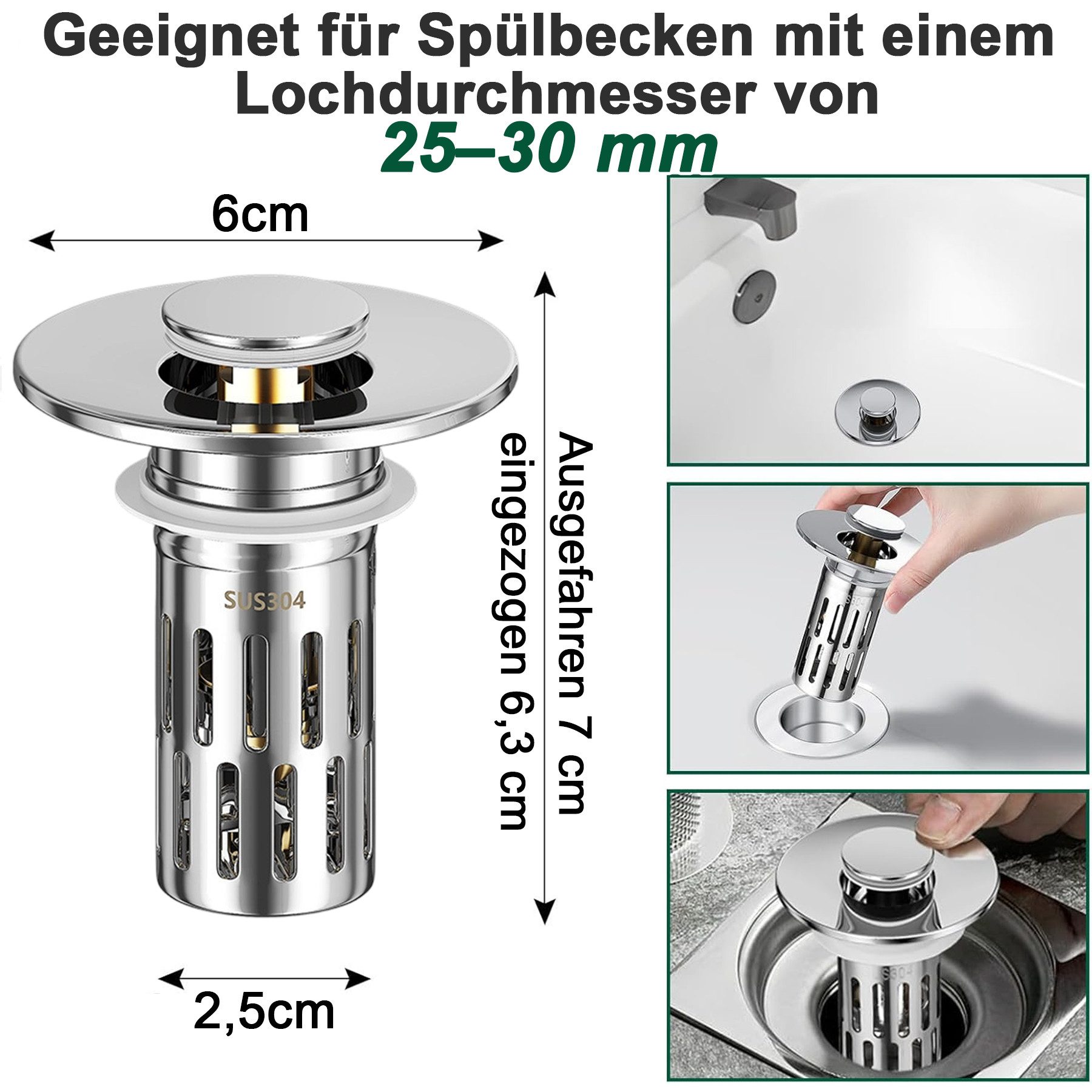 Mutig Waschbeckenstöpsel 2 Stück 2-in-1 Waschbeckenstöpsel mit Abflusssieb, aus 304 Edelstahl, (Universeller Pop Up Abflussstopfen mit Haarsieb, schnell ablaufend, passend für Abflüsse von 25–30 mm), für Bad, Küche, Dusche & Badewanne
