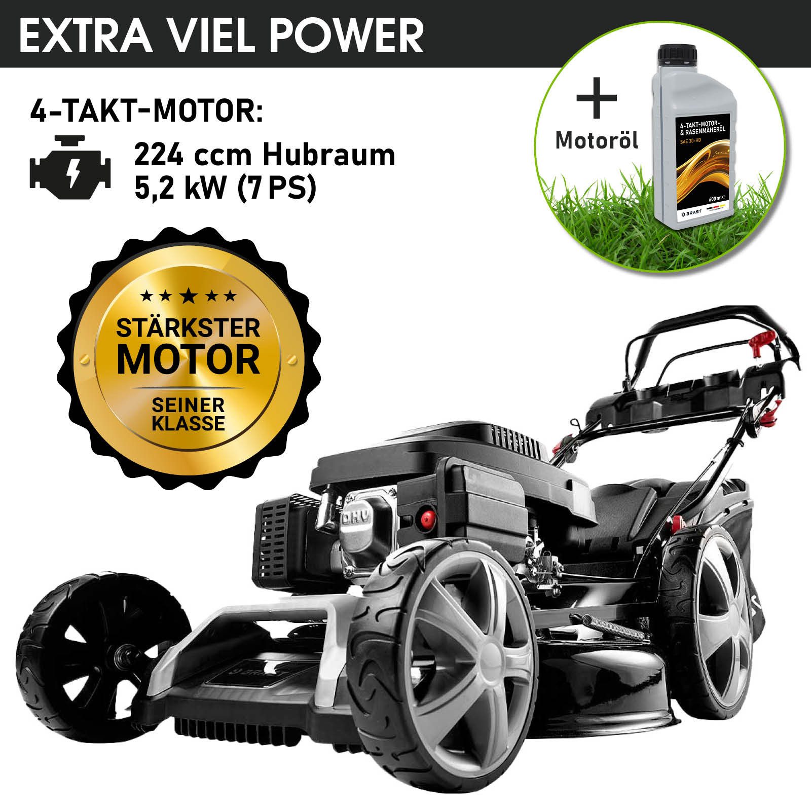 BRAST Benzinrasenmäher mit Antrieb 5,2kW (7PS) inkl. Motoröl, TÜV, 55 cm Schnittbreite, 60L Fangkorb, 4 Takt OHV Motor, Stahlgehäuse, Power