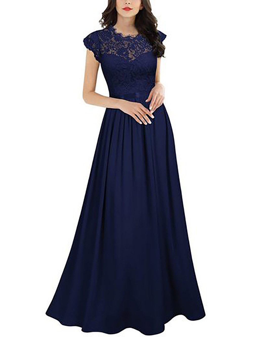 BlauWave Abendkleid Damen Ballkleid Maxi Lang Abendkleider Elegant für Hochzeit Spitzen (1-tlg) A-Linien-Kleid festlich V-Ausschnitt Cocktailkleid Lange Chiffon