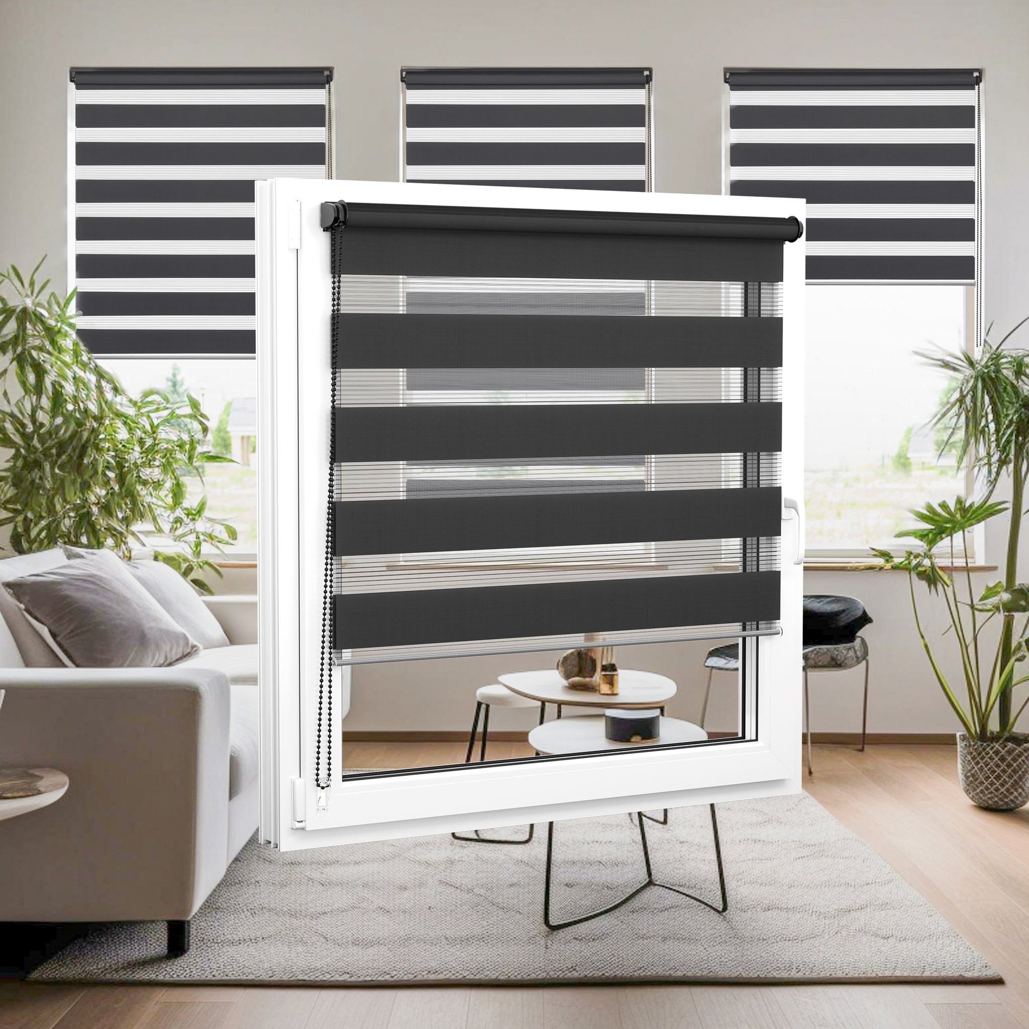 Doppelrollo 30 x 130 cm, schwarz [Stoffbreite 26,6 cm], jalousiescout, blickdicht, mit Bohren/ohne Bohren, freihängend, Klemmen, Kleben und Schrauben OHNE Aufpr – Bild 5 von 5