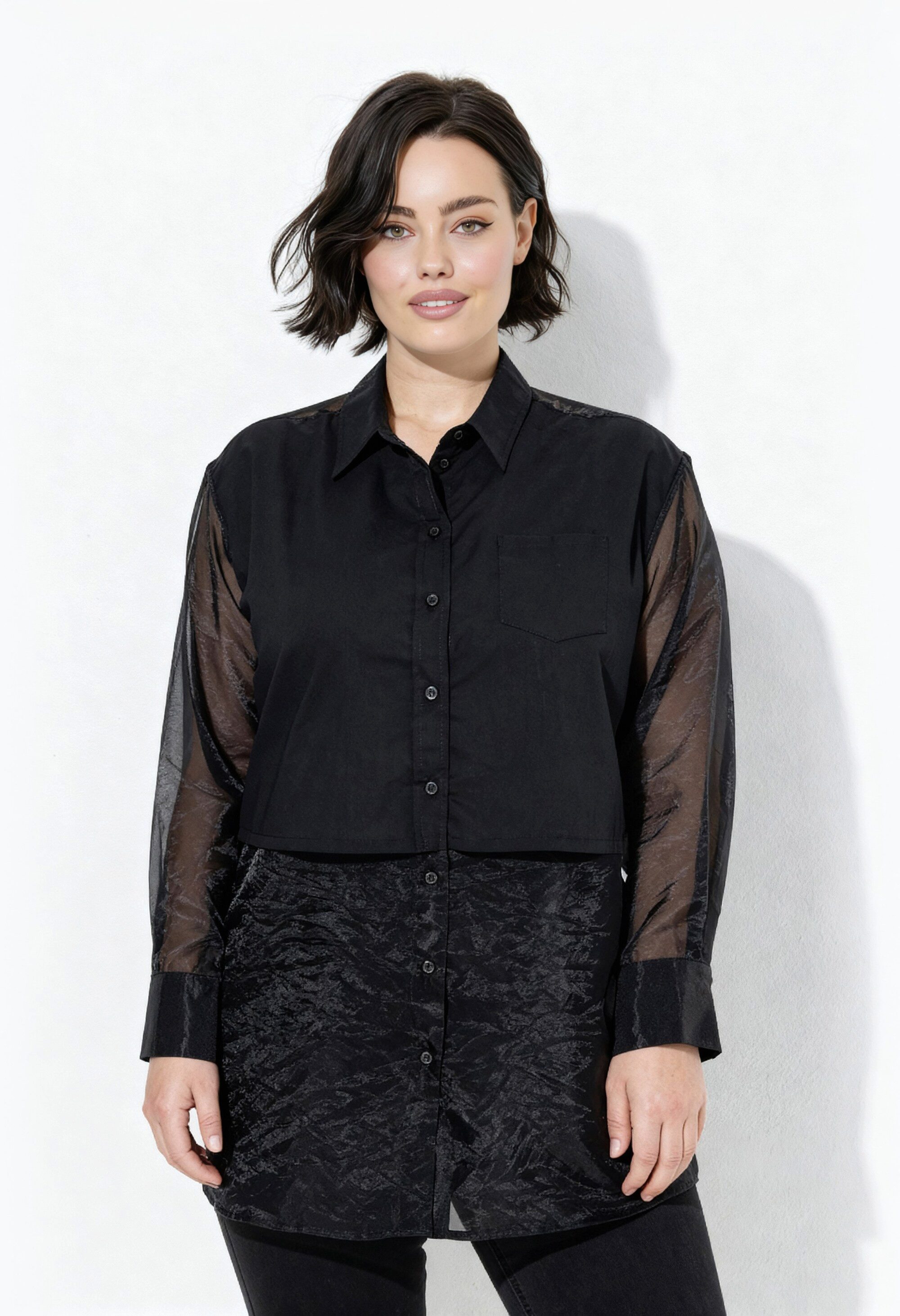 Ulla Popken Hemdbluse Hemd Materialmix Hemdkragen Langarm