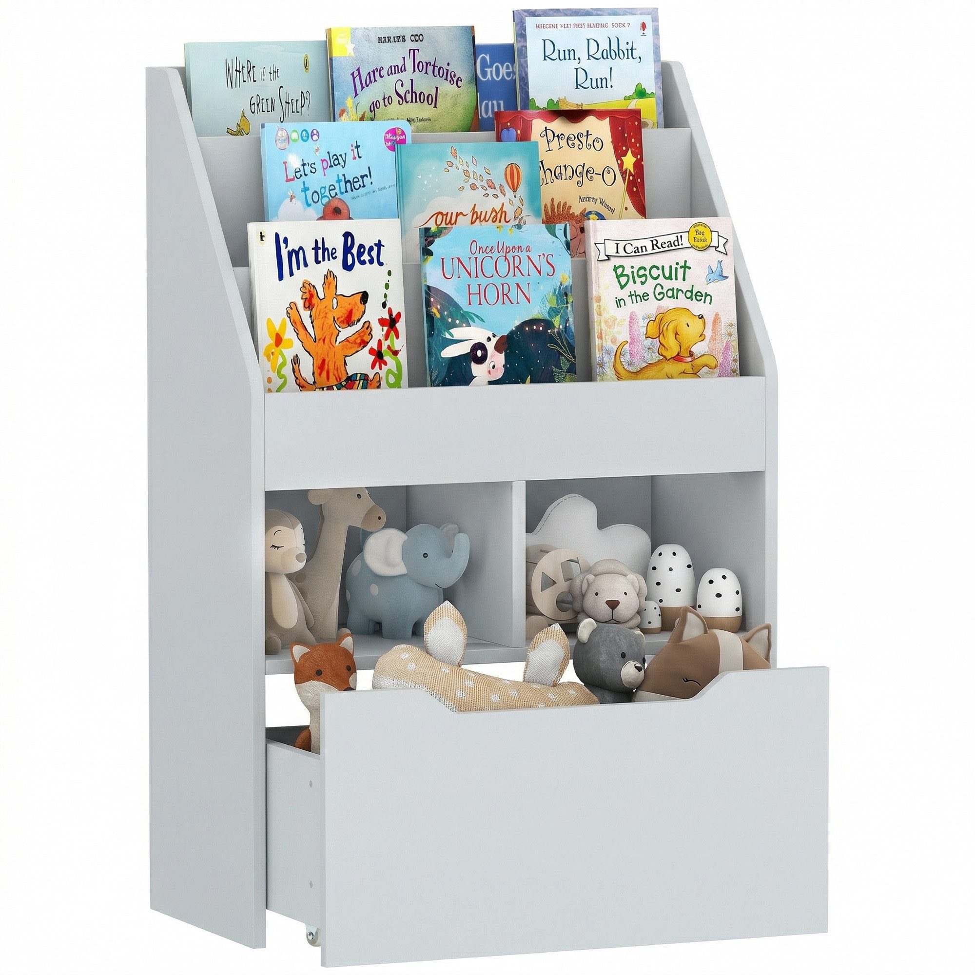 HOMCOM Kinderregal Kinder Bücherregal mit Schublade, 3 Ablagefächern, Aufbewahrungsregal 1-tlg., für Kinderzimmer, Spielzimmer, Grau, 60 x 29,9 x 90 cm
