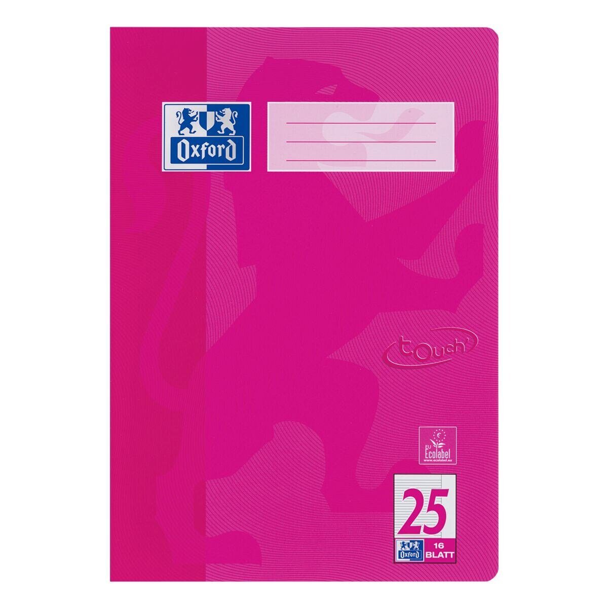 OXFORD Schulheft Touch, A4, liniert (Lineatur 25), Veredelung / Außenrand, ungelocht, 16 Blatt pink