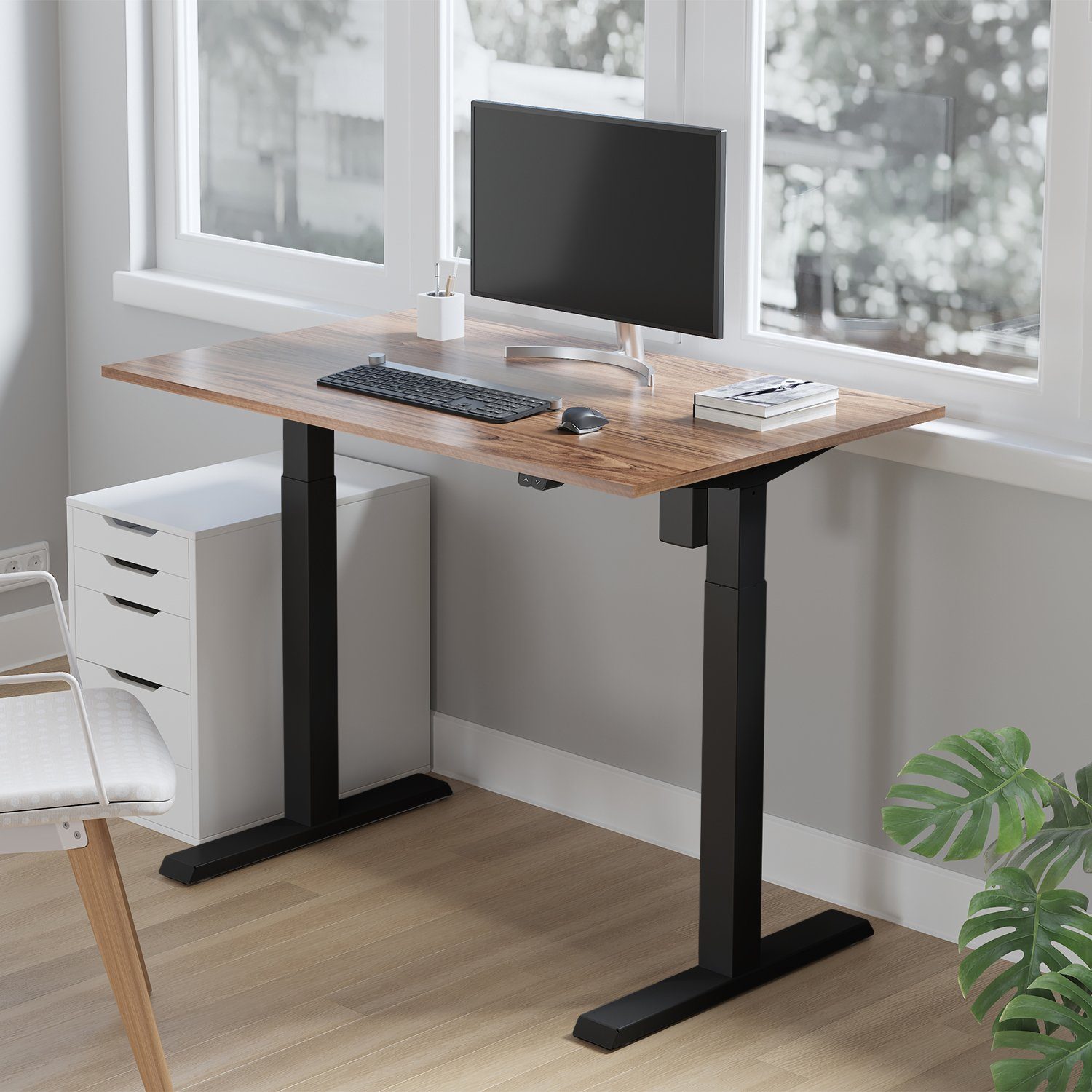 Maclean Schreibtisch ER-403, Sitz-Steh-Schreibtisch Tischgestell Weiß/Schwarz/Grau