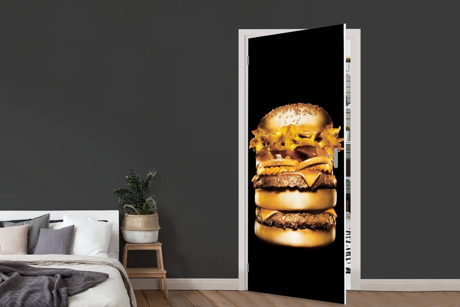 Fototapete bedruckt, für Hintergrund., Türaufkleber, Goldener Matt, (1 MuchoWow auf cm Tür, schwarzem Türtapete 75x205 St), Hamburger