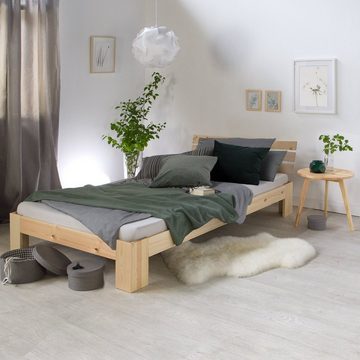 Homestyle4u Holzbett Einzelbett 90x200 mit Bettkasten Lattenrost Natur