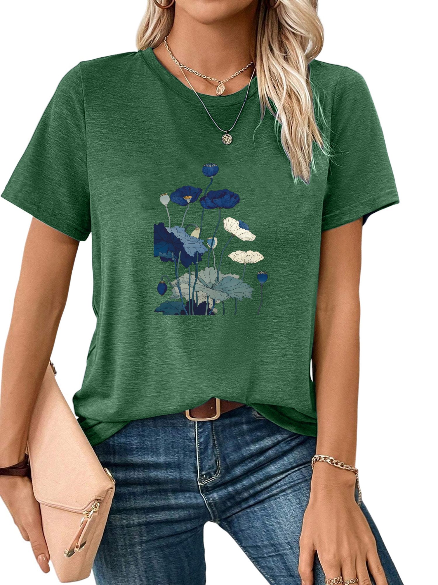 PYLIKE Print-Shirt Shirts Damen Elegant Lotusblatt Druck bequemes t shirt Bequem für Freizeit und Büro,Strandurlaub