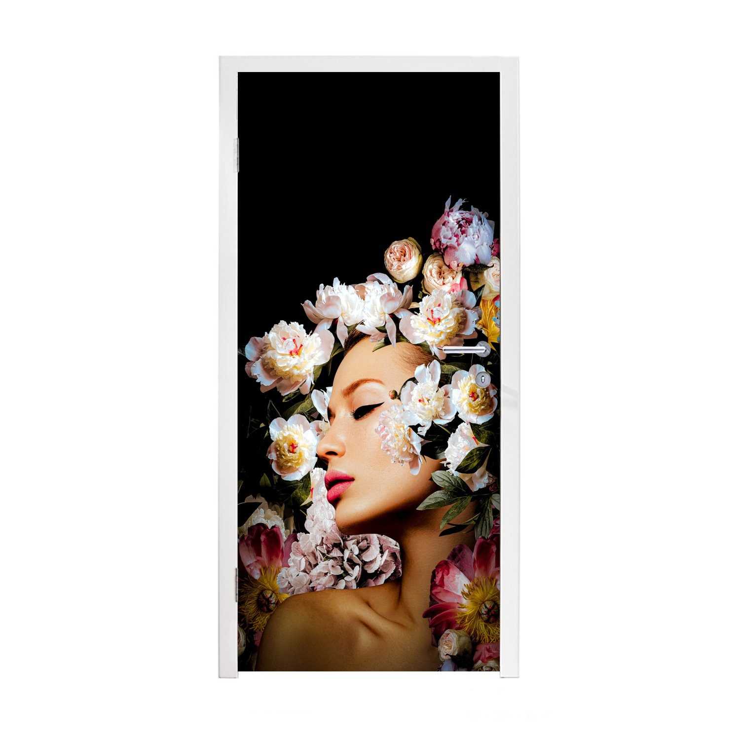 St), - Fototapete MuchoWow Rosen Türaufkleber, Frauen Tür, - Matt, Porträt, 75x205 cm - für Blumen (1 bedruckt, Türtapete