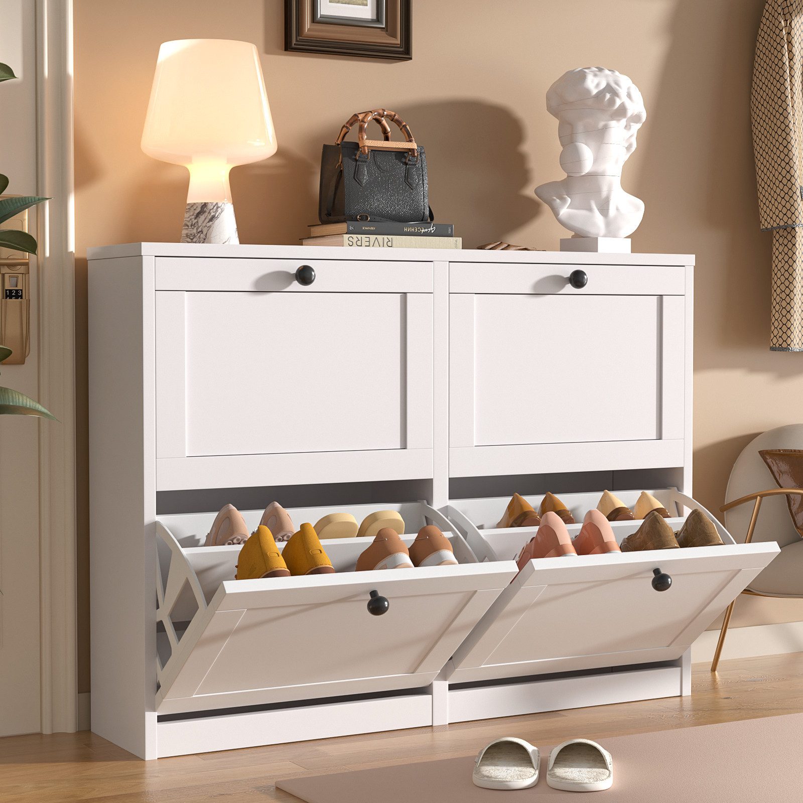VOWNER Schuhschrank mit 8 Fächern – 4 Klappen und verstellbarer Schuhablage (1-St) Schuhregal 105x24x80 cm