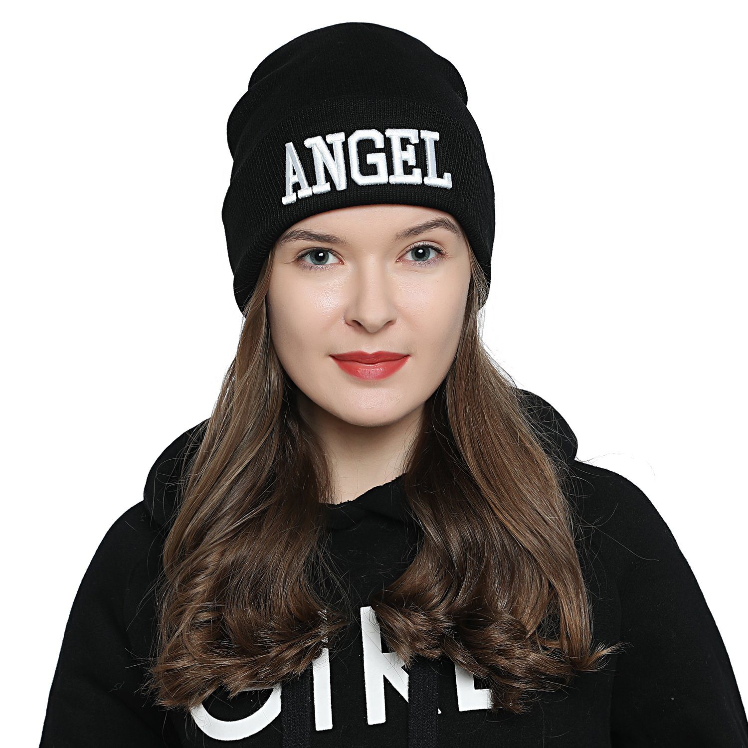Beanie coolem schwarz mit Winter Beanie "ANGEL" Statement-Print, mit Wintermütze, DonDon Damen Strickmütze Krempe - Stylische (Packung, 1-St)