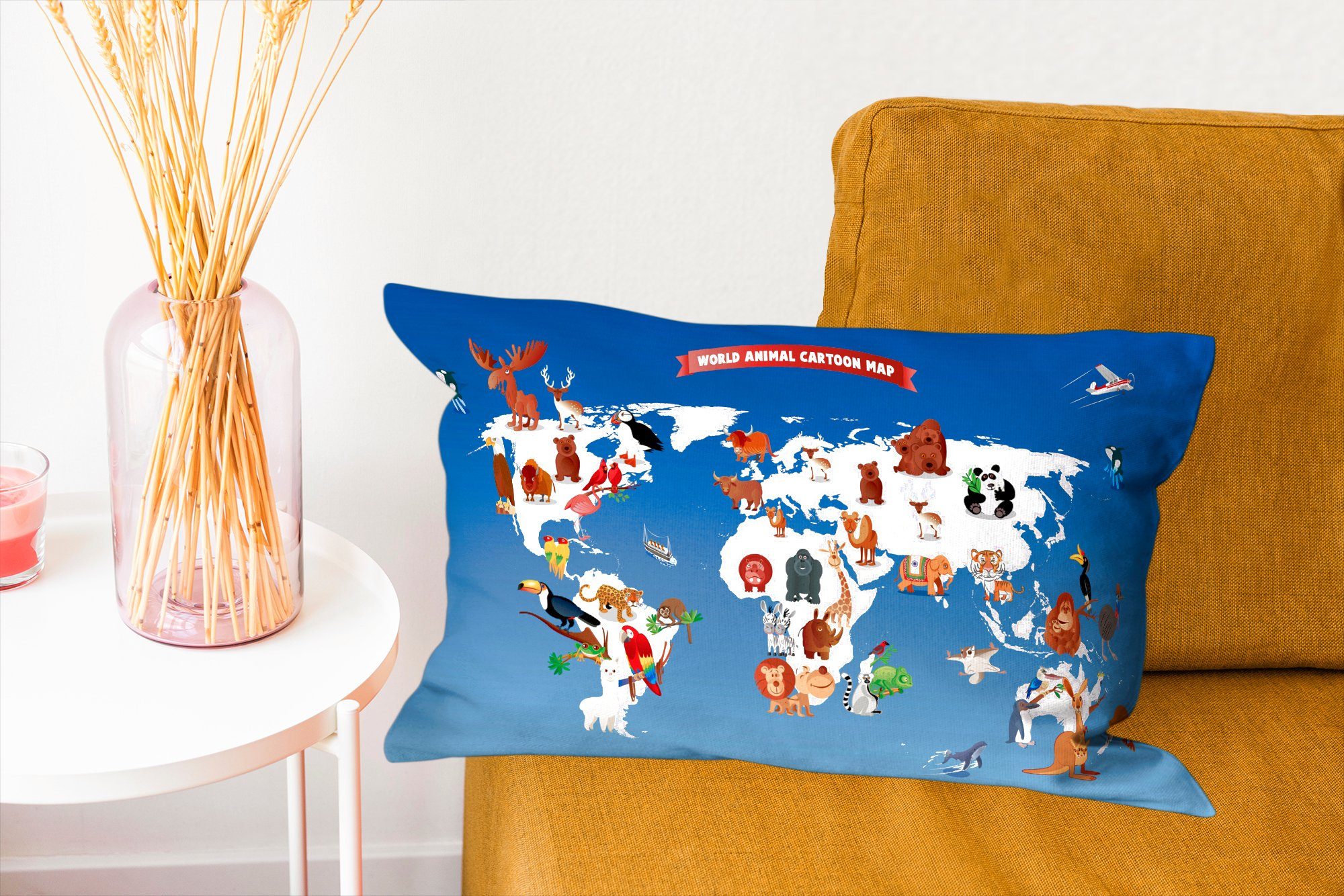 Weltkarte Kinder - Dekokissen MuchoWow - mit Wohzimmer Dekokissen Zierkissen, Dekoration, Füllung, Erde, Tiere Schlafzimmer