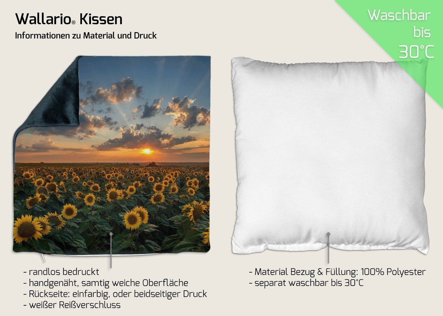 mit Sonnenuntergang, Wallario Dekokissen Wolken handgenäht Sonnenblumenwiese vor