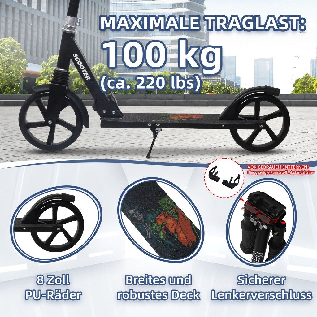 Nattork Scooter Klappbarer Kickscooter für Kinder und Erwachsene, bis 100 kg Traglast, (1 tlg), Stabiler Tretroller mit höhenverstellbarem Lenker, 8-Zoll PU-Räd – Bild 4 von 5