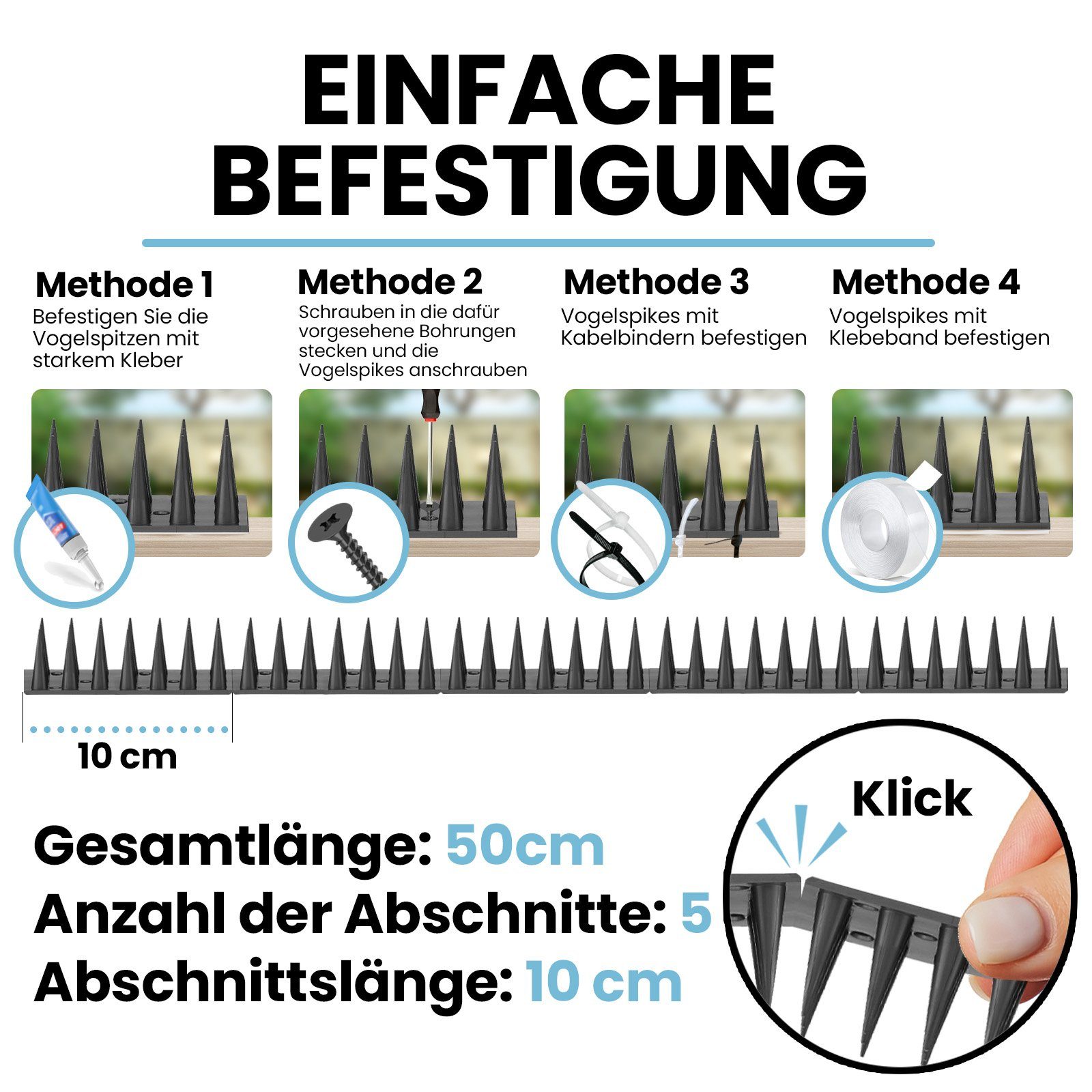 KONZEPT Taubenspikes Taubenabwehr Spikes Vogel, Katzen - für Balkon, Zaun - aus Kunststoff, 12-St., Gesamtlänge: 6 Meter, UV-beständig – Bild 5 von 5