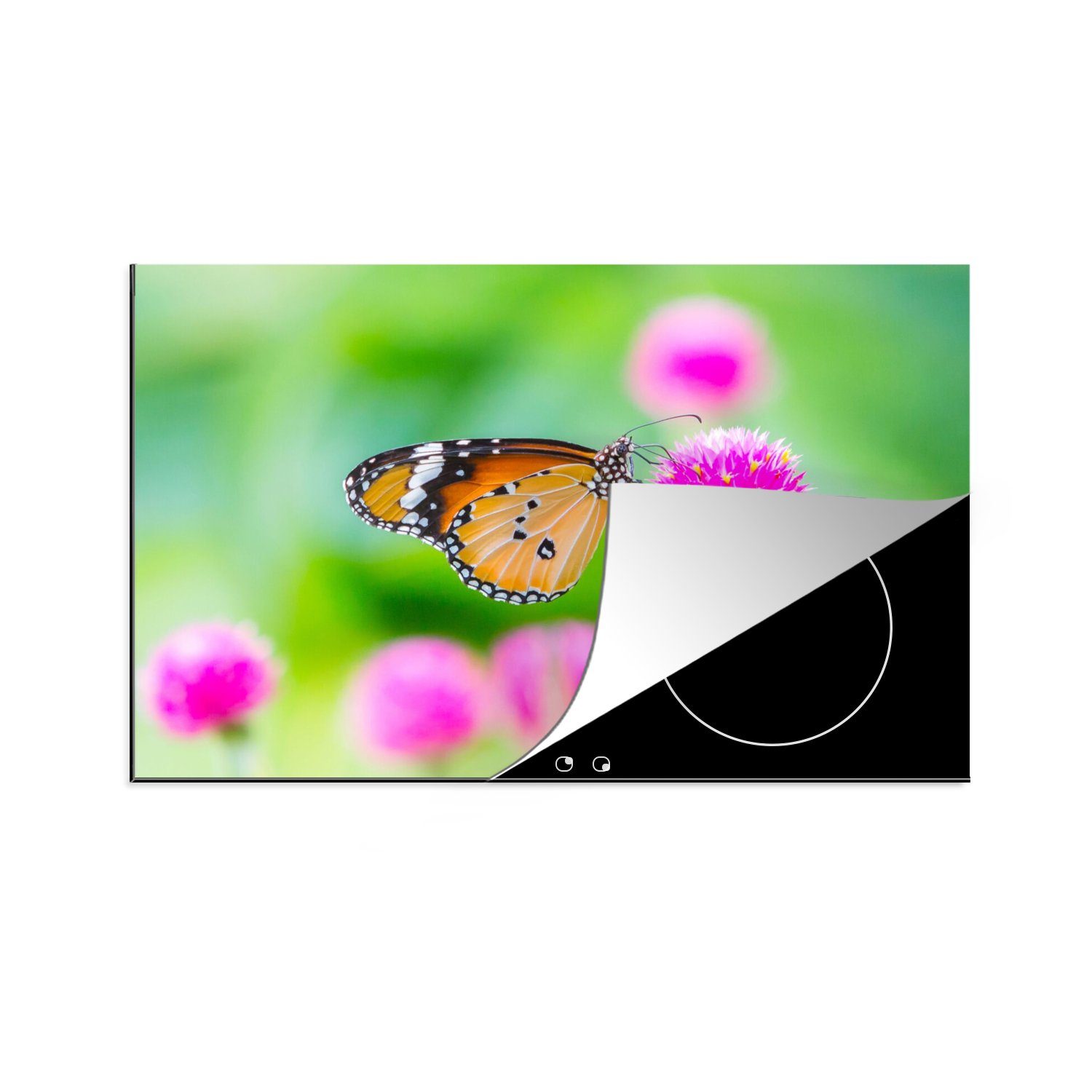 MuchoWow Herdblende-/Abdeckplatte Landleben - Schmetterling - Distel - Blume, Vinyl, (1 tlg), 80x52 cm, Induktionskochfeld Schutz für die küche, Ceranfeldabdeckung