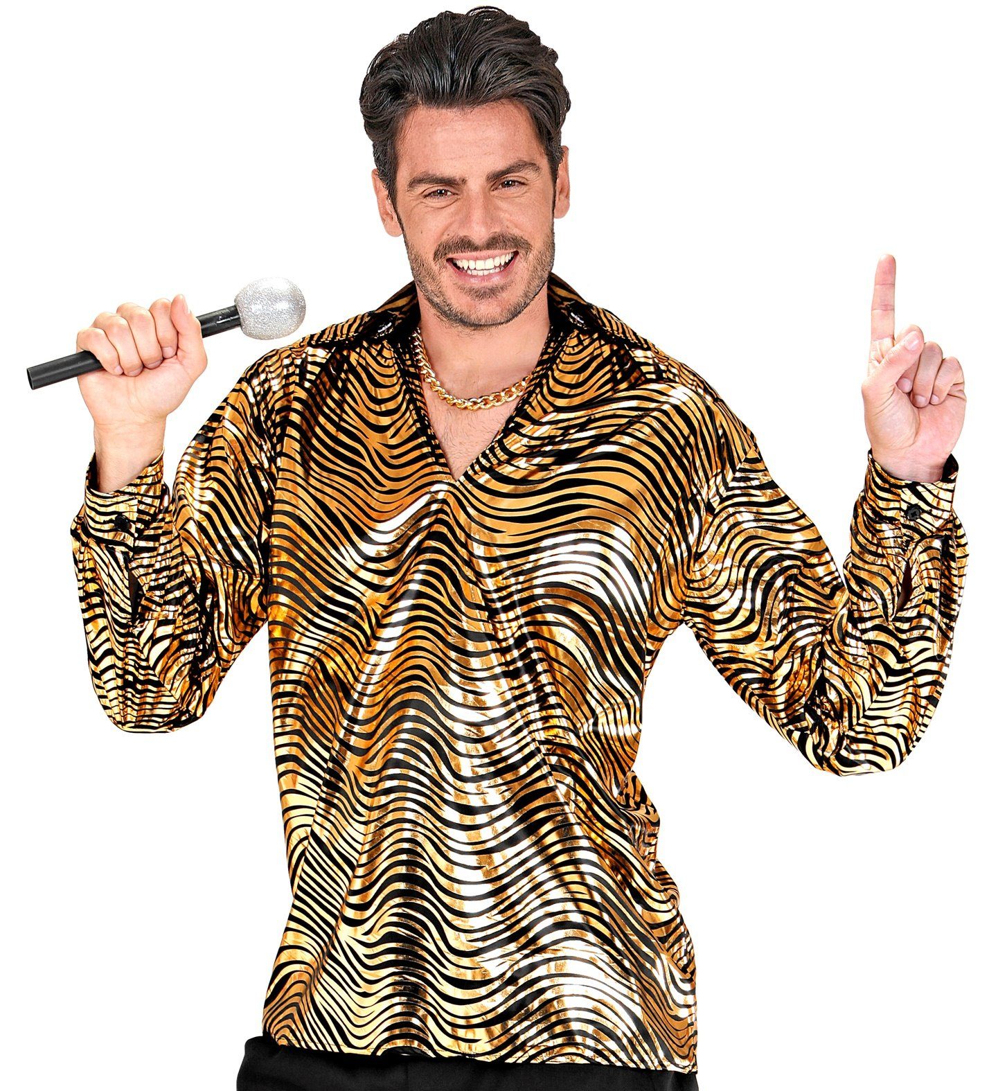 Widmann S.r.l. Kostüm Disco Hemd 'Fever' für Herren, Gold Schwarz günstig online kaufen