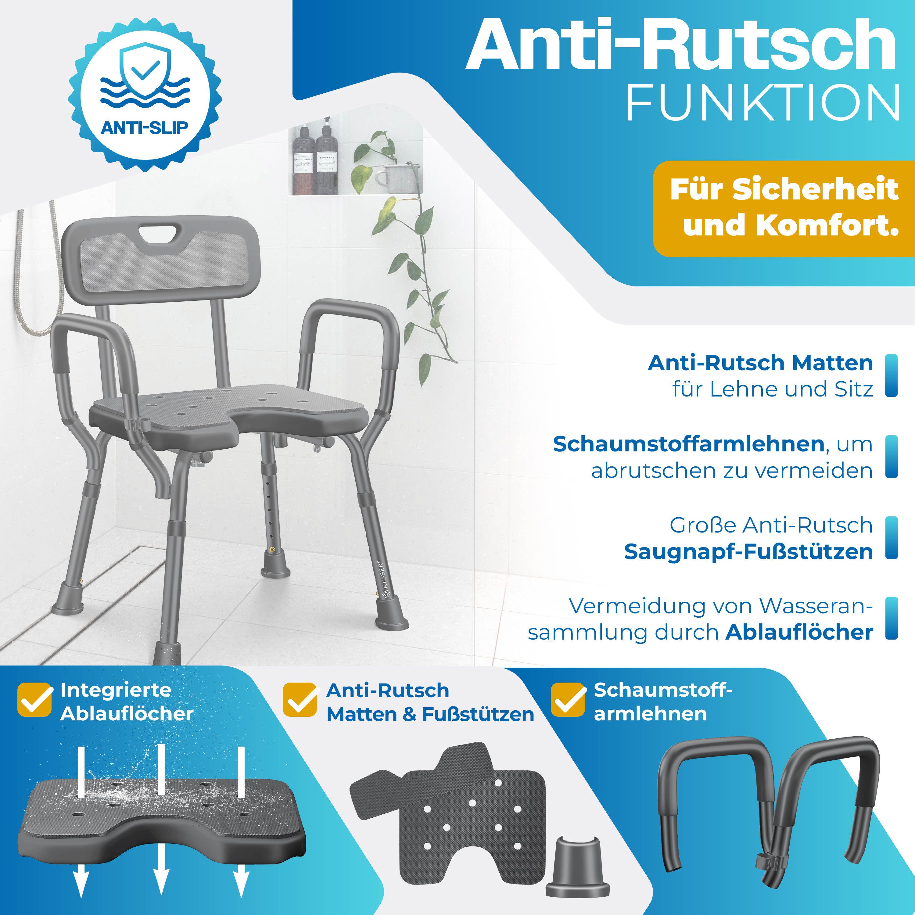 KESSER Badhocker Duschhocker mit Lehne höhenverstellbar in 6 Stufen 38-54cm (Duschstuhl mit Brausehalterung, Anti-Rutsch Füße & Matten), Duschsitz 150KG belastb – Bild 3 von 5