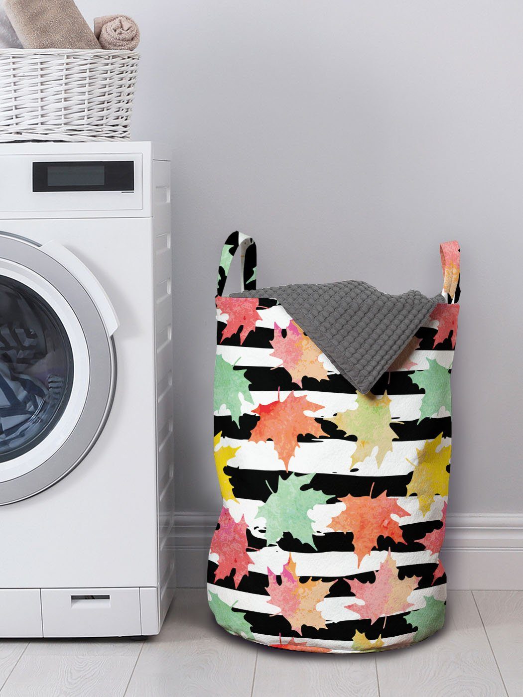 Abakuhaus Wäschesäckchen Wäschekorb mit Griffen für Waschsalons, Kordelzugverschluss Multicolor Maple Stripes Herbst