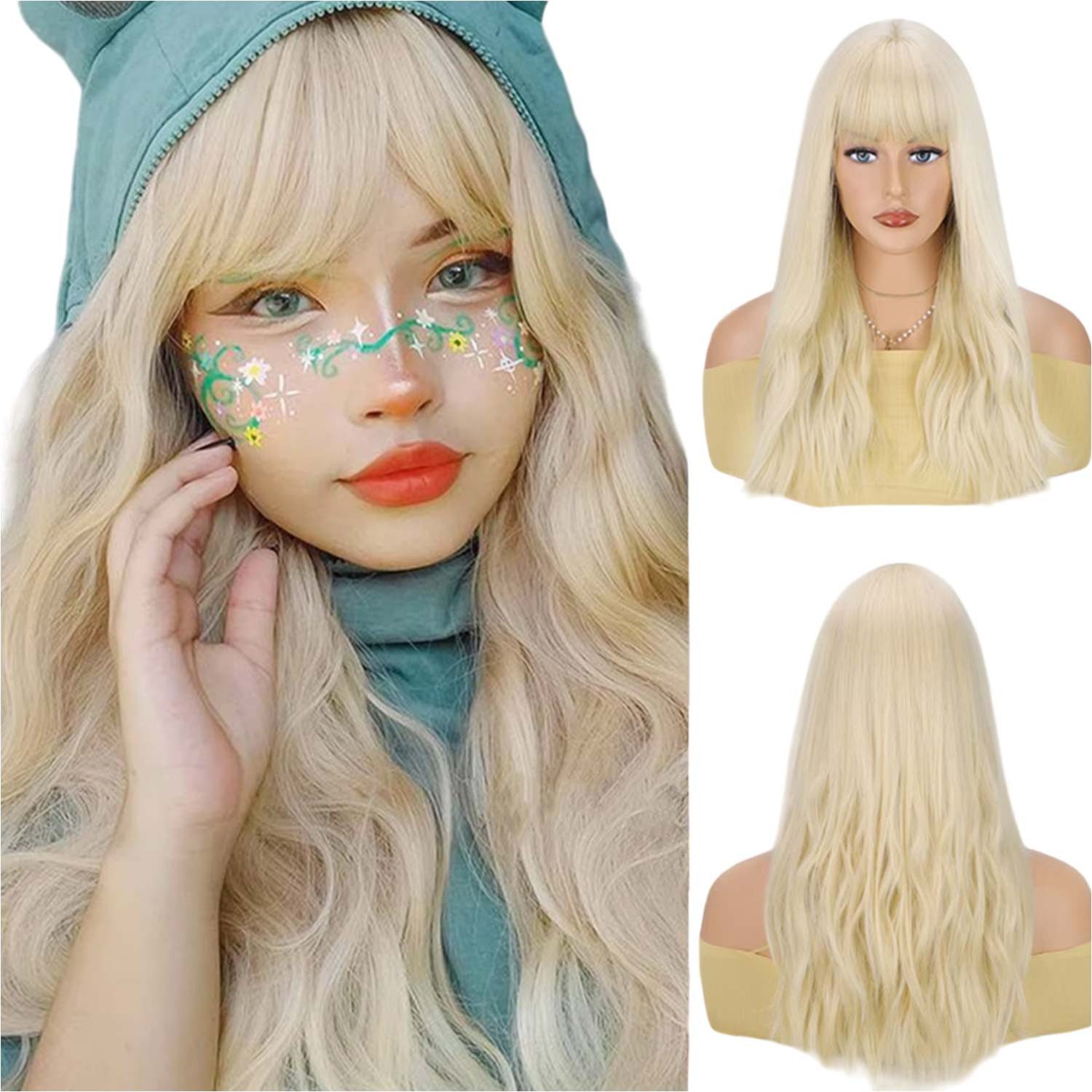 Refttenw Kunsthaarperücke Damen Lange Lockige Wellige Perücken mit Pony für Partys, Cosplay