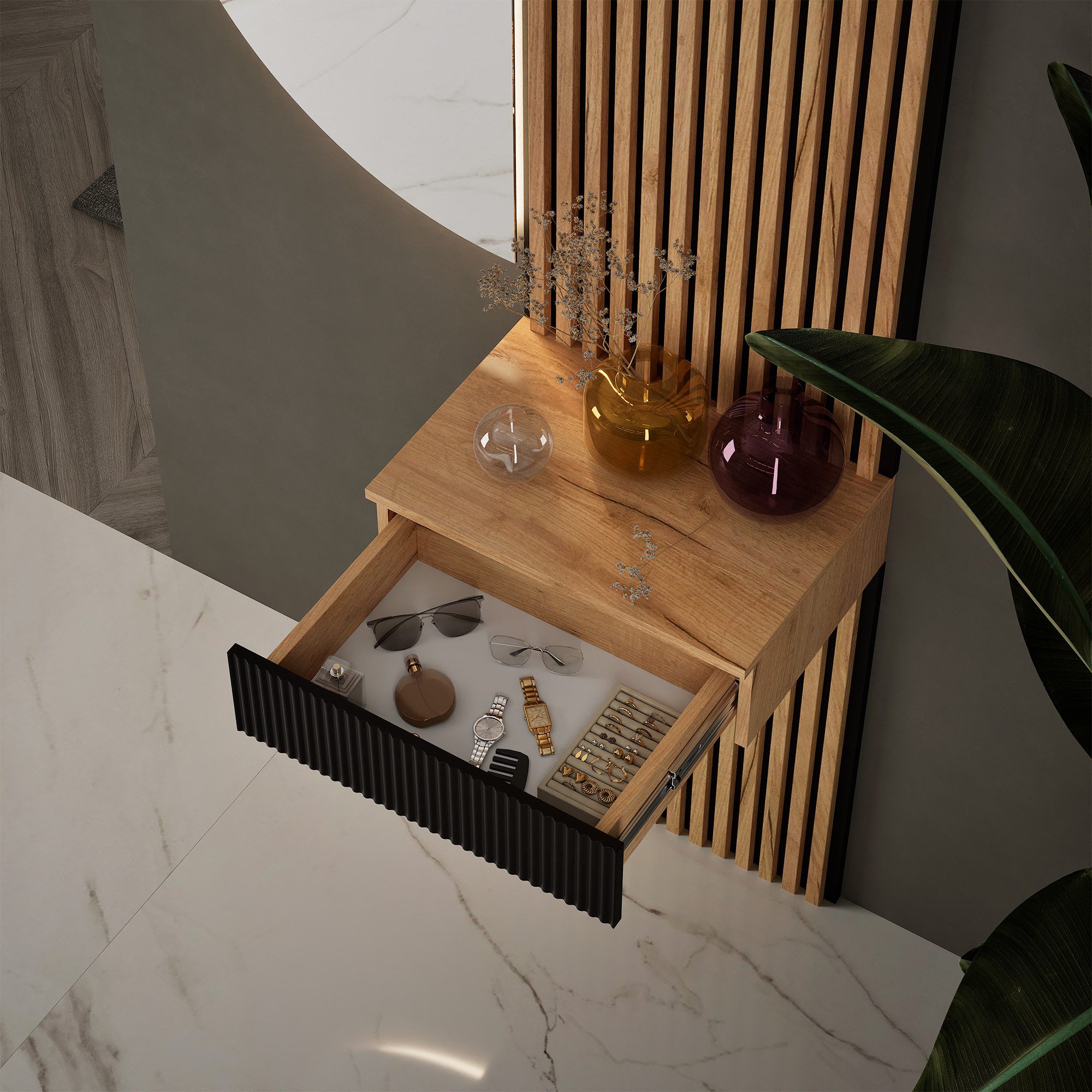 Planetmöbel Garderoben-Set AMYRA Flur Garderobe Spiegel mit Beleuchtung & Akustikpaneele, (LED Spiegel Nivora 50 x 100 cm, Touch-Funktion, Dimmbar, Konsolentisc – Bild 3 von 5