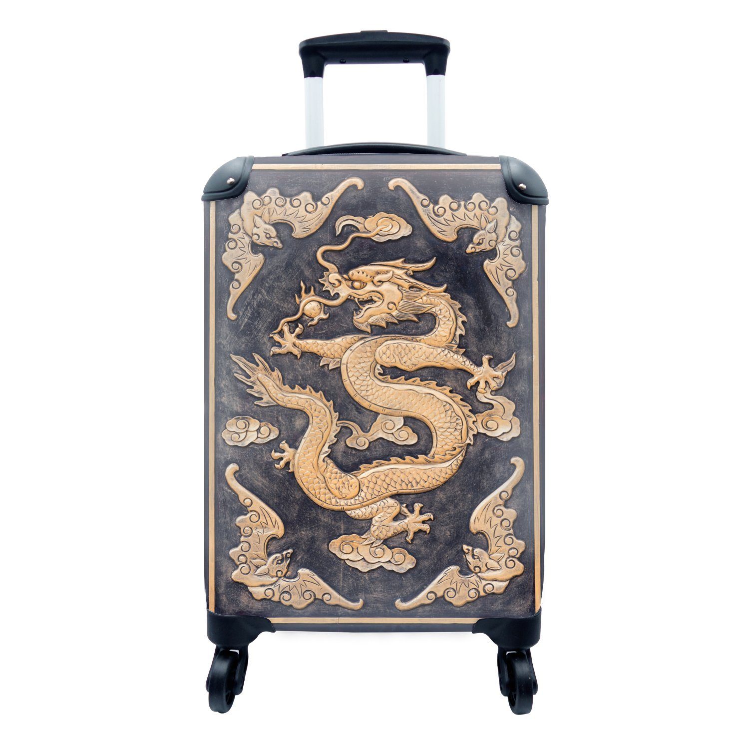 MuchoWow Handgepäckkoffer Mit einem goldenen chinesischen Drachen verzierte Holztür, 4 Rollen, Reisetasche mit rollen, Handgepäck für Ferien, Trolley, Reisekoffer
