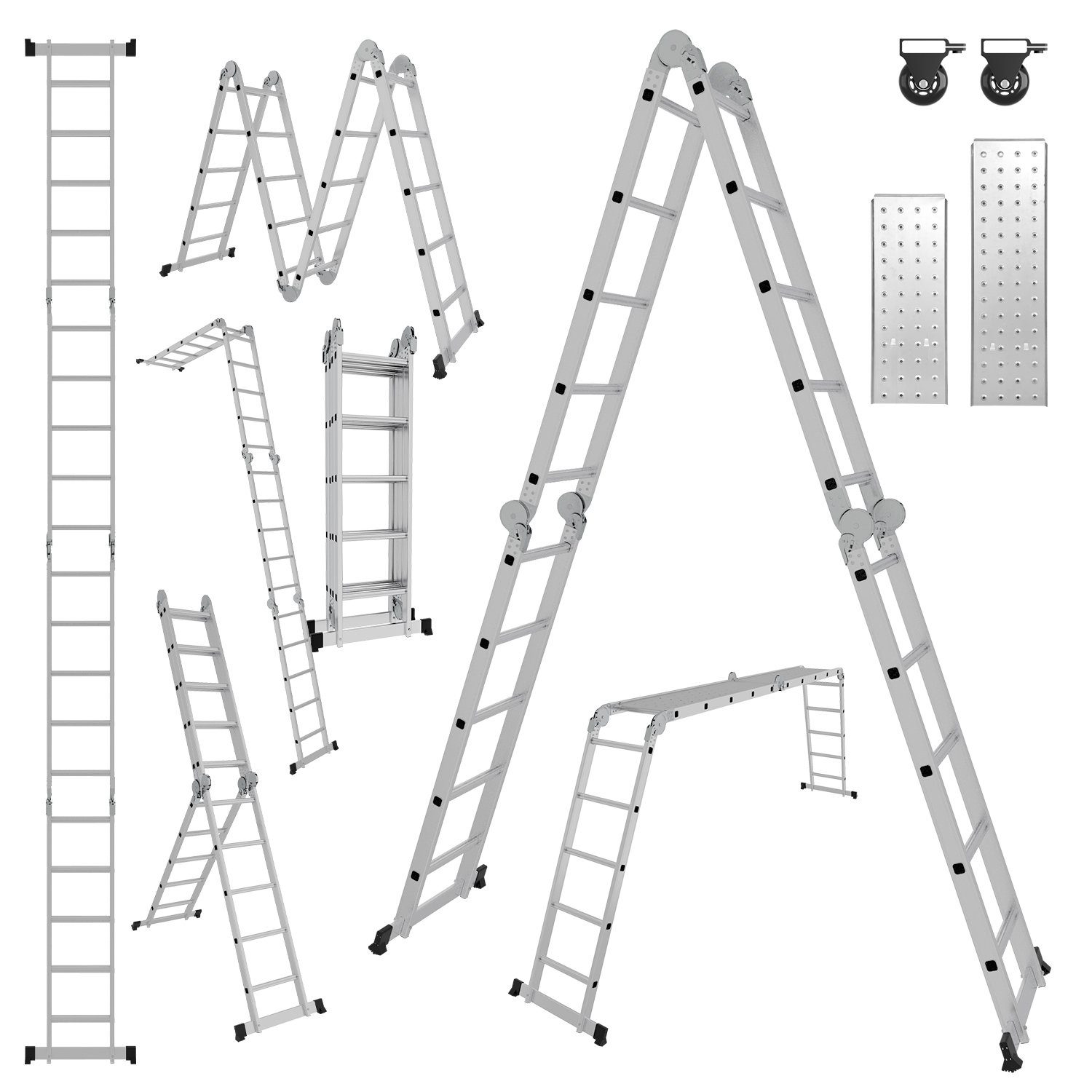 Gimisgu Teleskopleiter Vielzweckleiter Multifunktionsleiter, Gummierte Standfüße,4x4 4x5 Silber 4x5 Sprossen