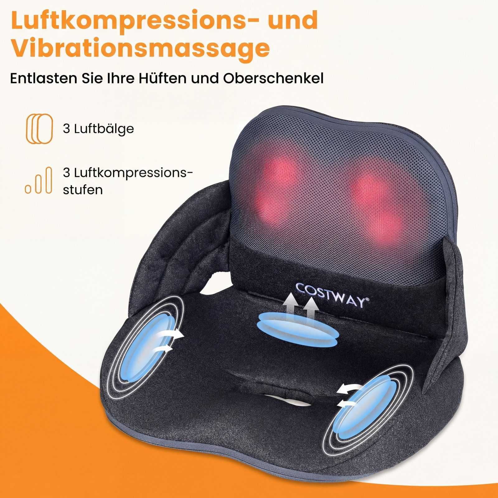 COSTWAY Massagesitzauflage, faltbar, mit Wärme, Controller & Knetmassage